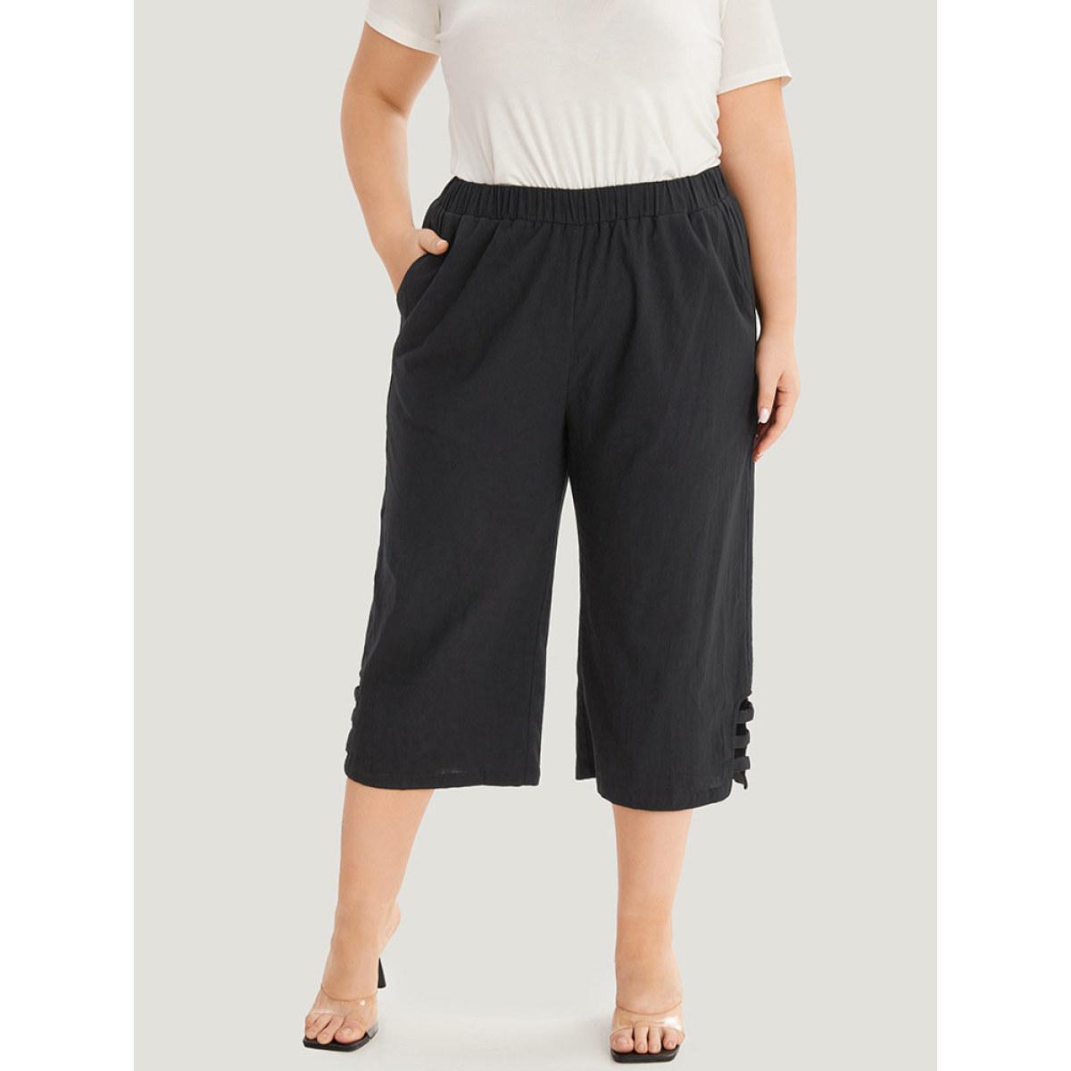 Plus Size Solid Cut Out Pocket Loose Cropped Pants Women Black Elegant Straight Leg High Rise Dailywear Pants BloomChic 22-24/3X Product Image