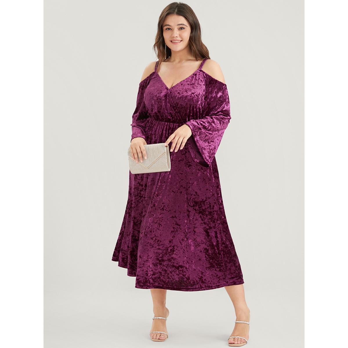 Plus Size Solid Cold Shoulder Pocket Bell Sleeve Velvet Dress RedViolet Women Party Elastic Waist Cold Shoulder Long Sleeve Curvy Midi Dress BloomChic 18-20/2X Product Image