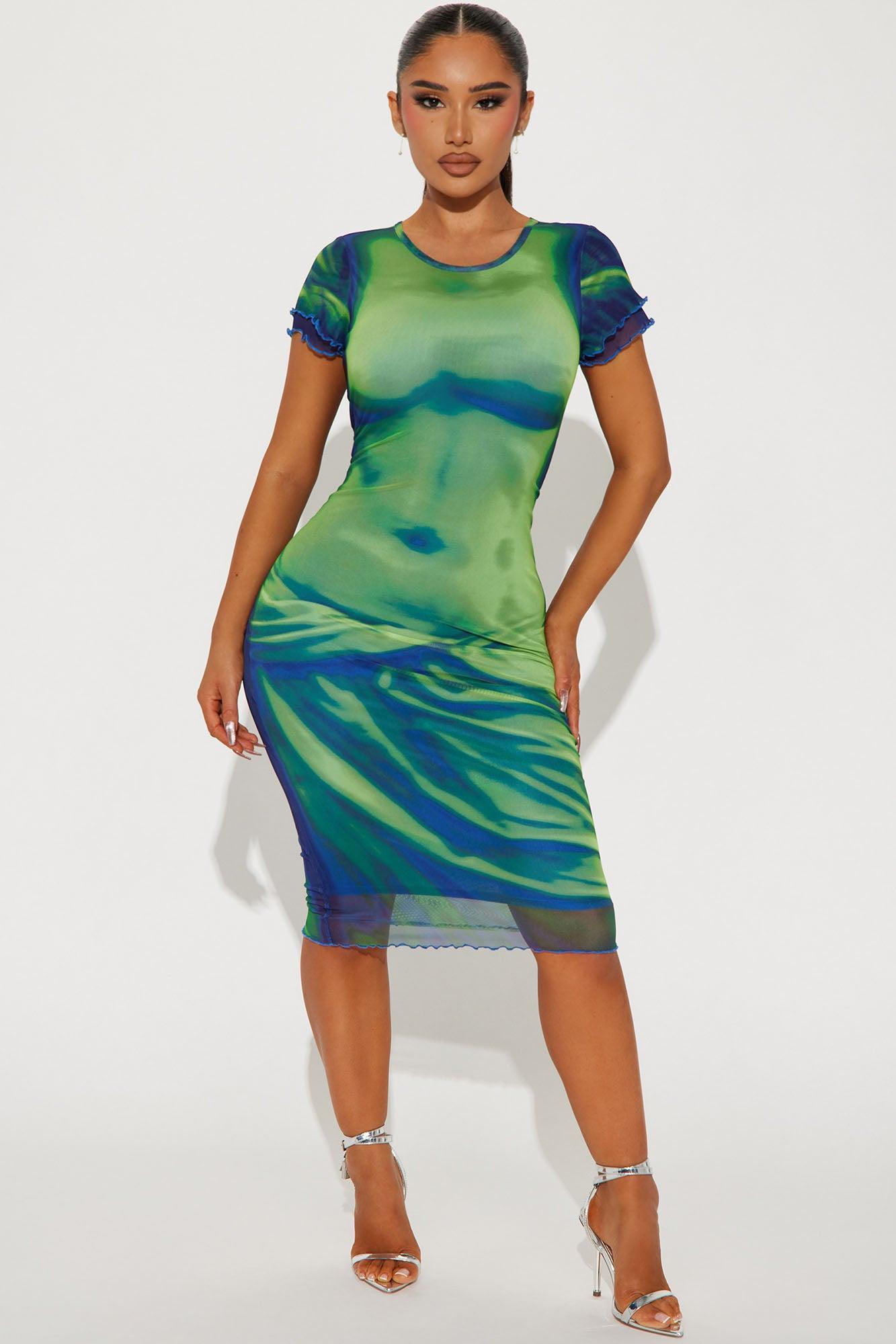 Body Language Mesh Midi Dress - Blue/combo Product Image