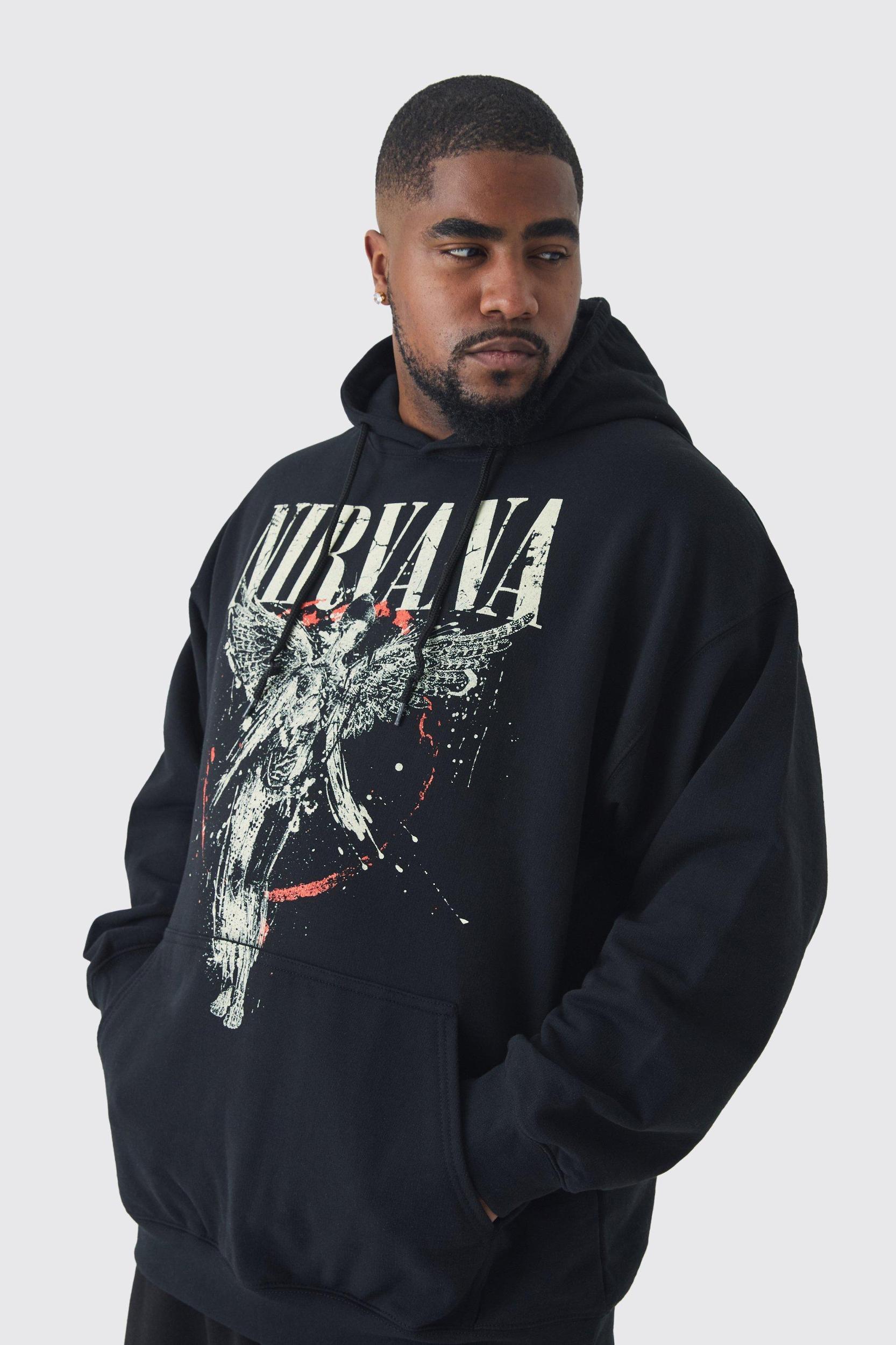 Mens Black Plus Oversized Nirvana License Print Hoodie, Black Product Image