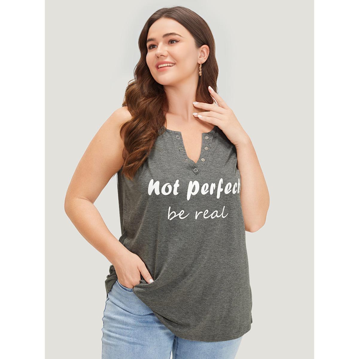 Plus Size Letter Print Button Notched Tank Top Women DarkGray Casual Printed Dailywear Tank Tops Camis BloomChic 28/5X Product Image