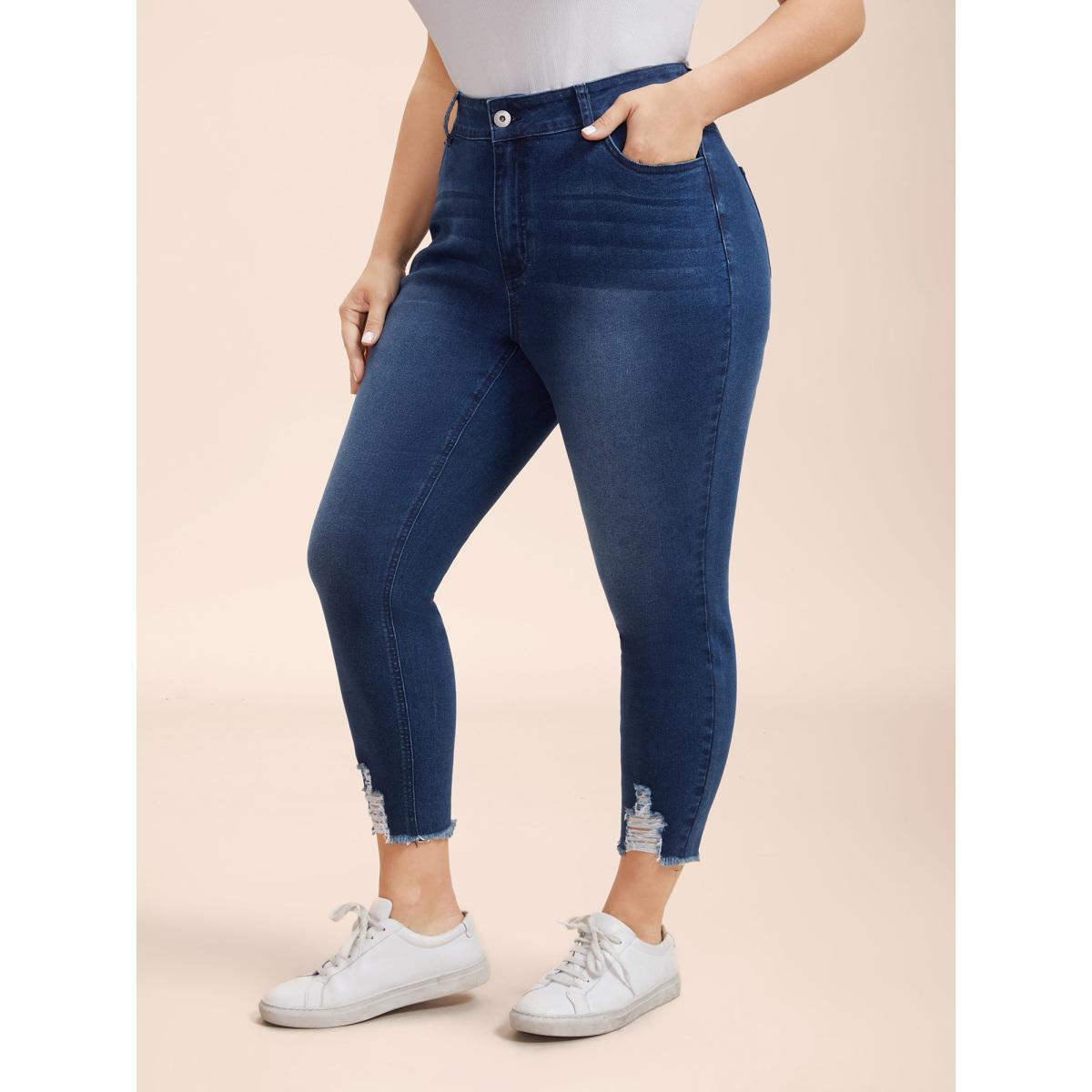 Plus Size Mid-Rise Whiskered Slim-Fit Jeans Women Bluevintage Casual High stretch Slanted pocket Jeans BloomChic 20/2X Product Image