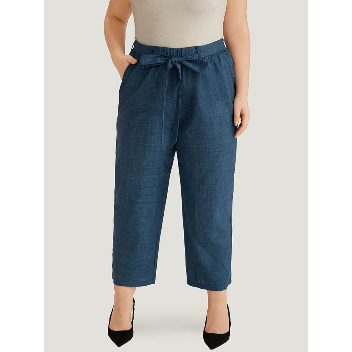 Plus Size Solid Elastic Waist Pocket Belted Pants Women Indigo Casual Straight Leg High Rise Dailywear Pants BloomChic 26/4X Product Image