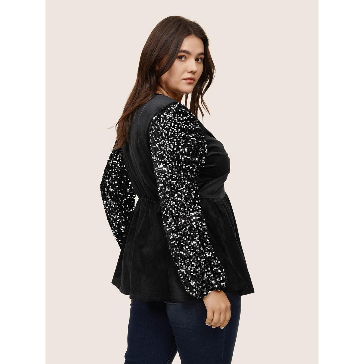 Plus Size Black Patchwork Velvet Twist Front Elastic Waist Sequin Blouse Women Glamour Long Sleeve V-neck Party Blouses BloomChic 12/L Product Image
