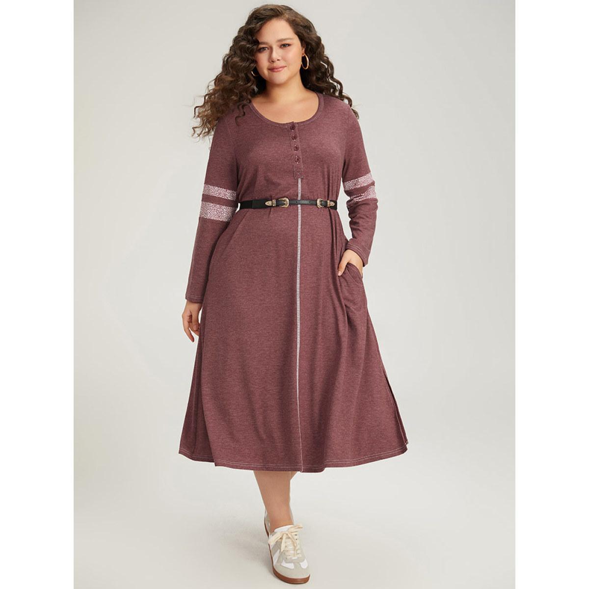 Plus Size Supersoft Essentials Leopard Print Patchwork Stitch Pocket Button Up Split Hem Dress Burgundy Women Casual Patchwork Round Neck Long Sleeve Curvy Midi Dress BloomChic 10/M Product Image