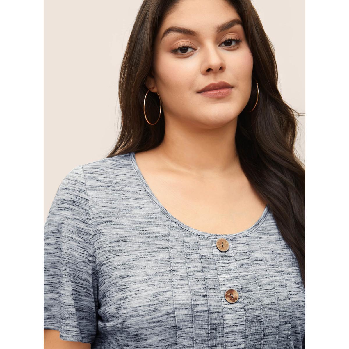Plus Size Round Neck Heather Pleated Button Detail T-shirt DarkBlue Women Casual Button Plain Round Neck Everyday T-shirts BloomChic 12/L Product Image