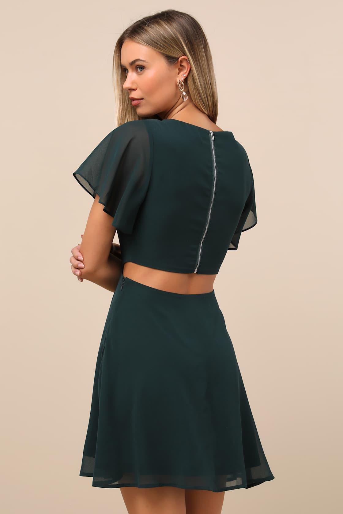 Blissful Love Dark Green Cutout Mini Skater Dress Product Image