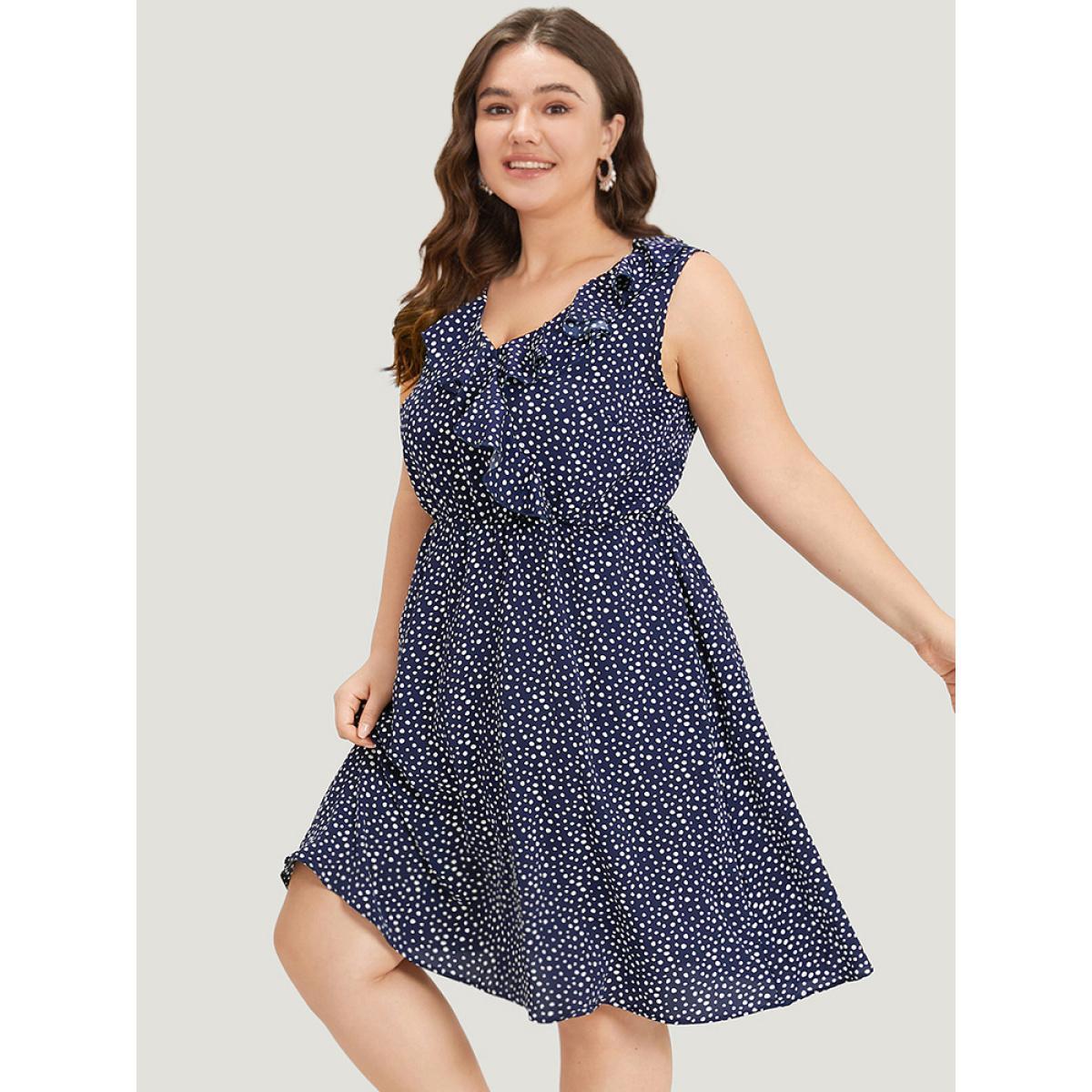 Plus Size Polka Dot Ruffle Trim V Neck Sleeveless Dress DarkBlue Women Elegant Pocket V-neck Sleeveless Curvy Knee Dress BloomChic 18-20/2X Product Image