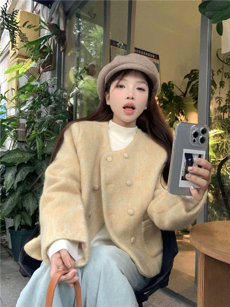 Round Neck Plain Double-Breasted Coat Product Image