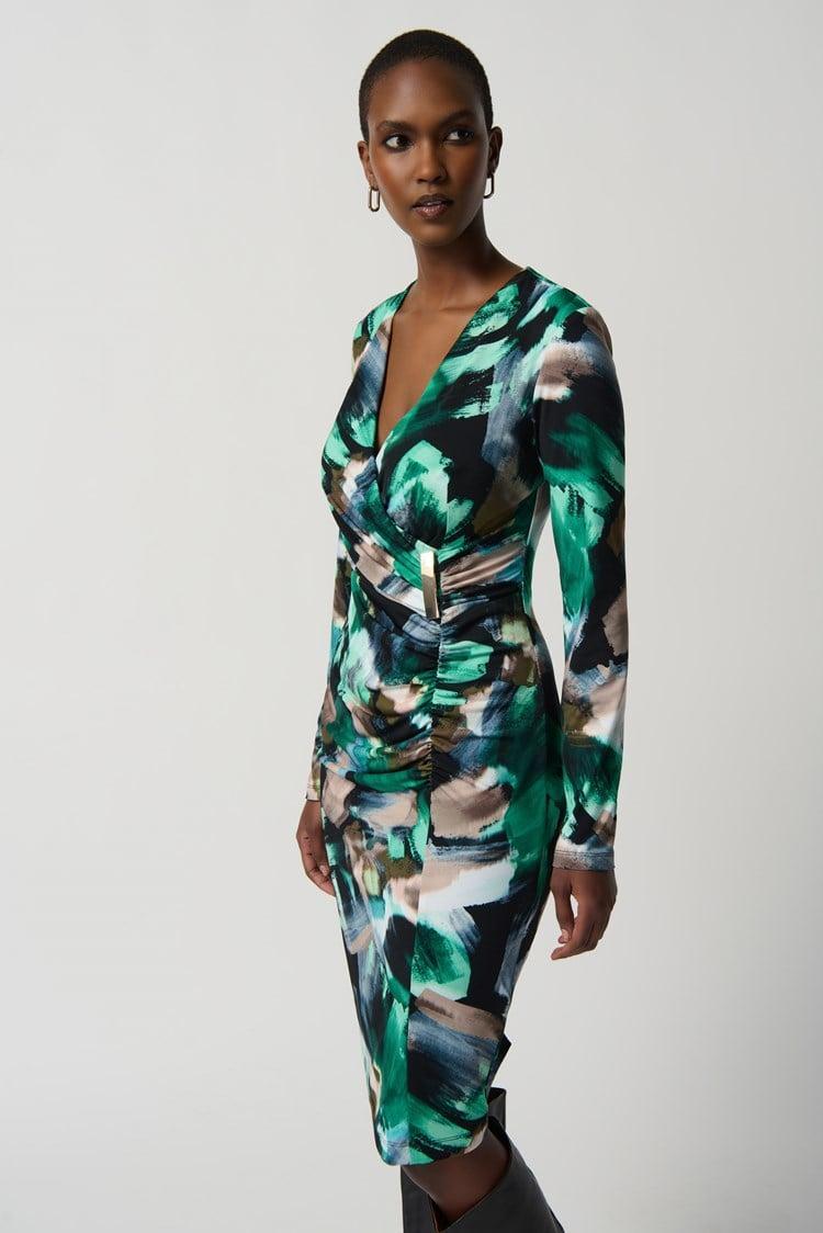 Abstract Print Silky Knit Wrap Dress With Ornament- Black/Multi Product Image