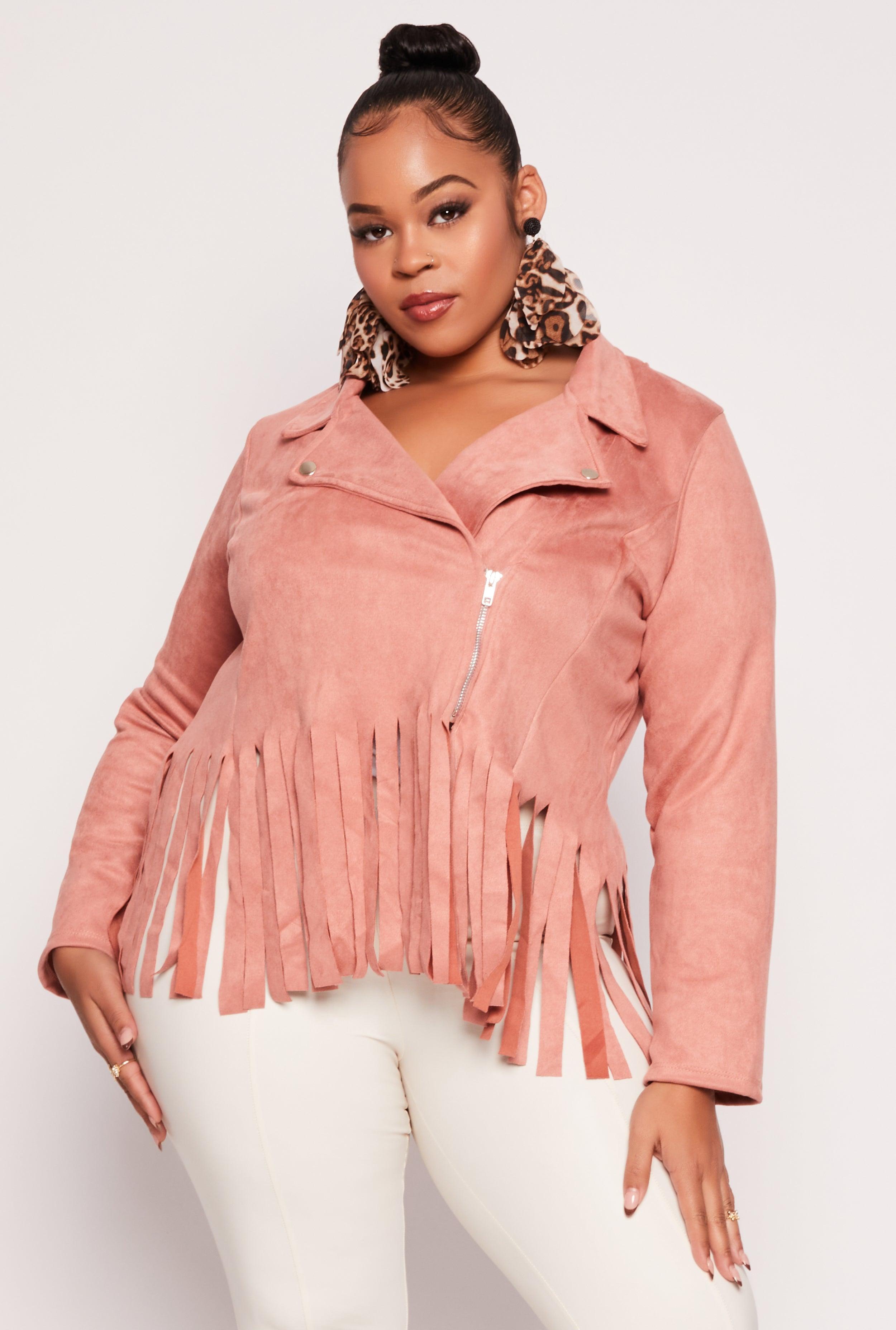 Womens Plus Size Faux Suede Fringe Hem Moto Jacket Product Image