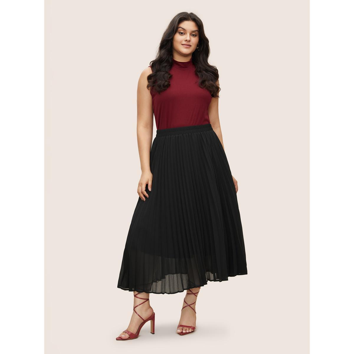Plus Size Solid Pleated Elastic Waist Mesh Skirt Women Black Elegant Pleated No stretch Everyday Skirts BloomChic 28/5X Product Image