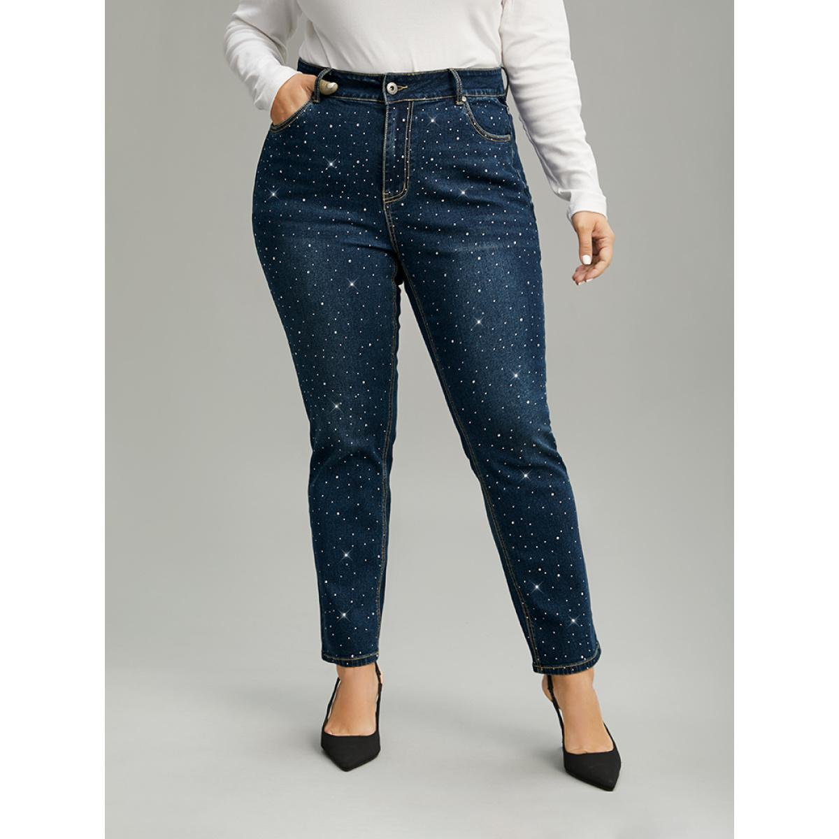 Plus Size Rhinestone Detail Dark Wash Straight Leg Jeans Women DarkBlue Casual Plain Rhinestone detailing High stretch Pocket Jeans BloomChic 16/1X Product Image