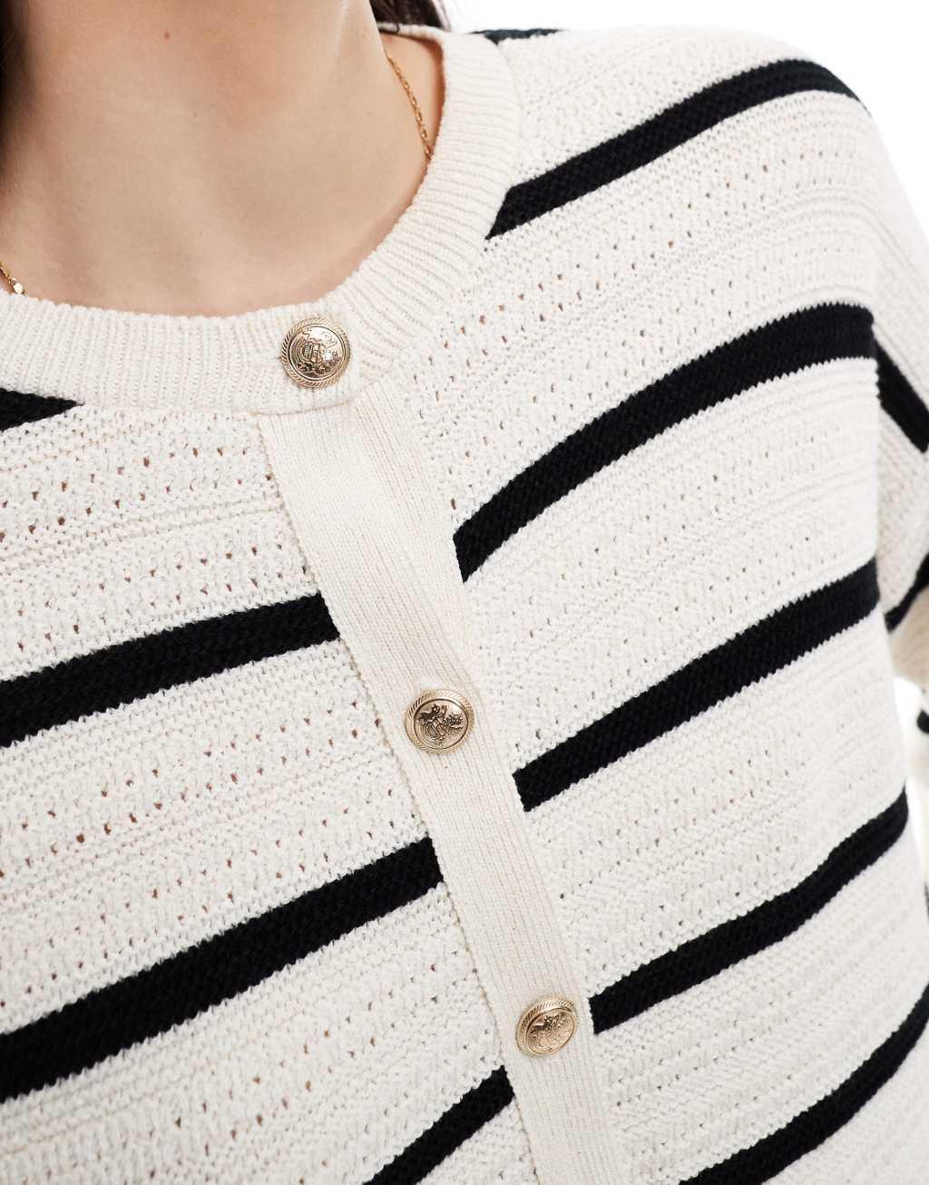 ASOS DESIGN knit crew neck cardigan in textured stitch with gold buttons in stripe Product Image