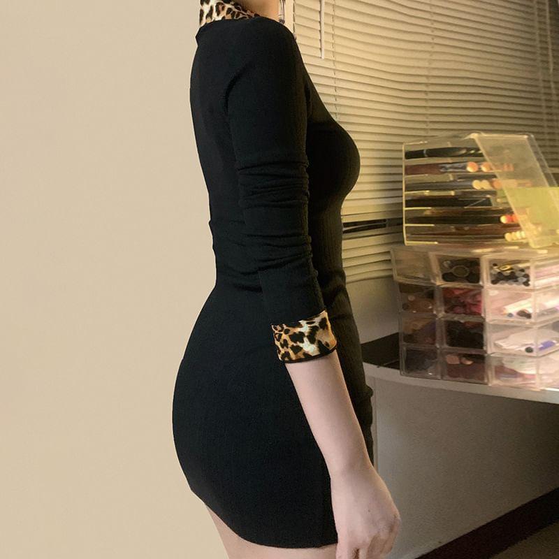 Long-Sleeve Leopard Print Mini Bodycon Dress Product Image