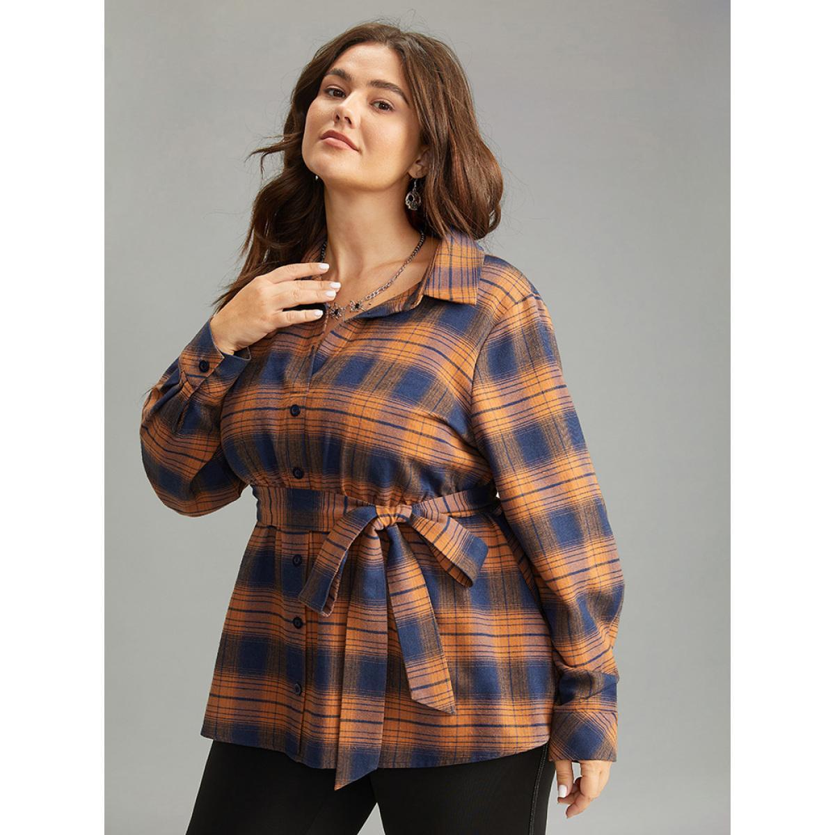 Plus Size Chocolate Plaid Elastic Waist Shirt Collar Blouse Women Elegant Long Sleeve Shirt collar Dailywear Blouses BloomChic 28/5X Product Image