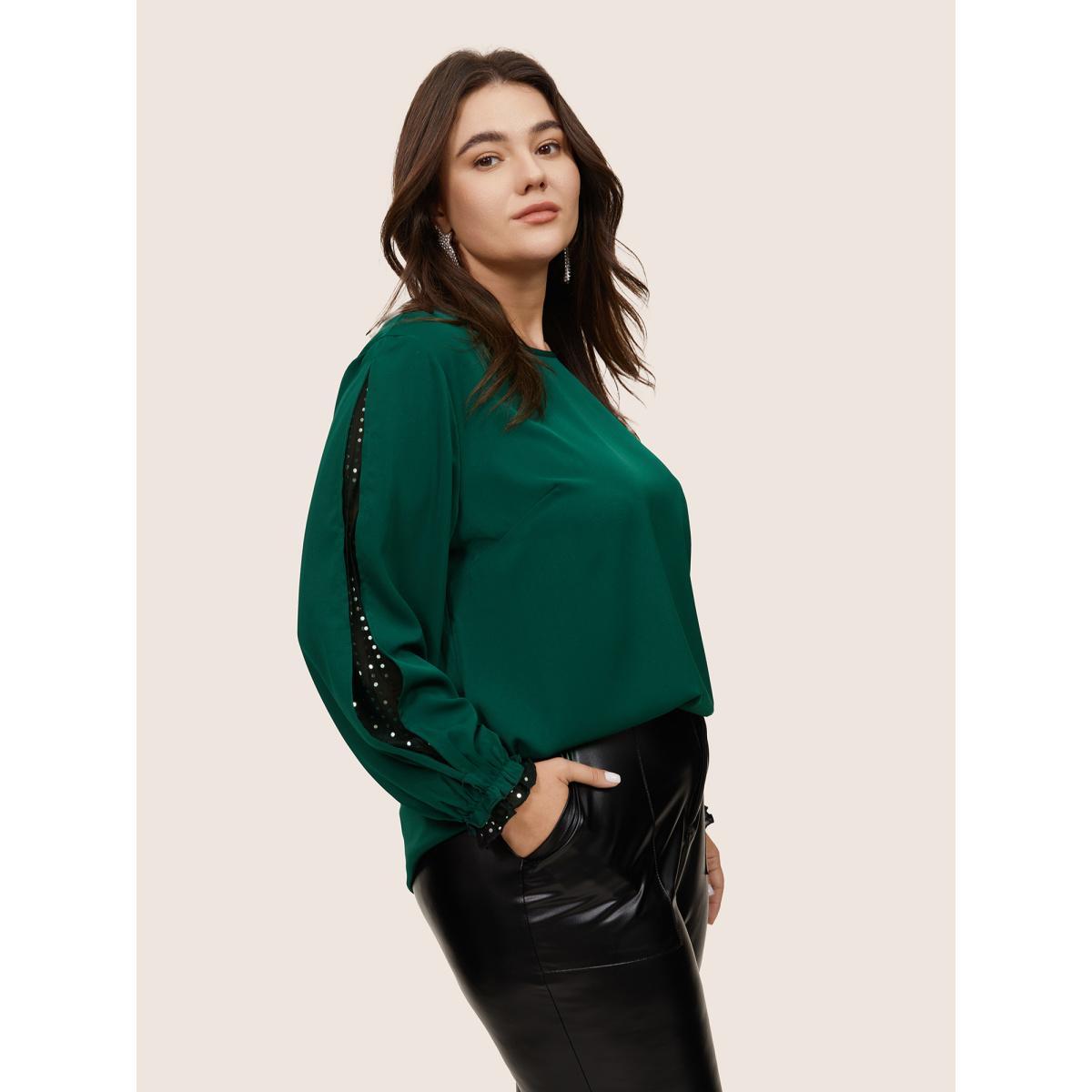 Plus Size DarkGreen Sequin Mesh Patchwork Lantern Sleeve Blouse Women Glamour Long Sleeve Round Neck Going out Blouses BloomChic 26/4X Product Image