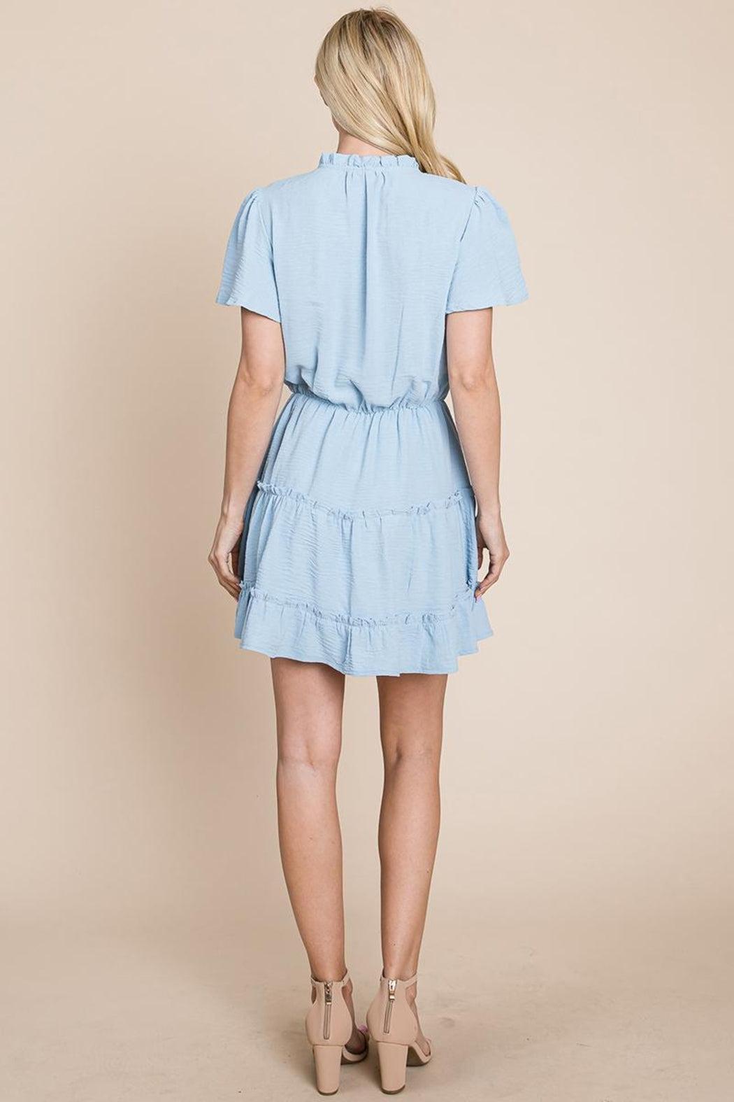 Tiered Tie V Neck Flutter Sleeve Flowy Tunic Dress Product Image