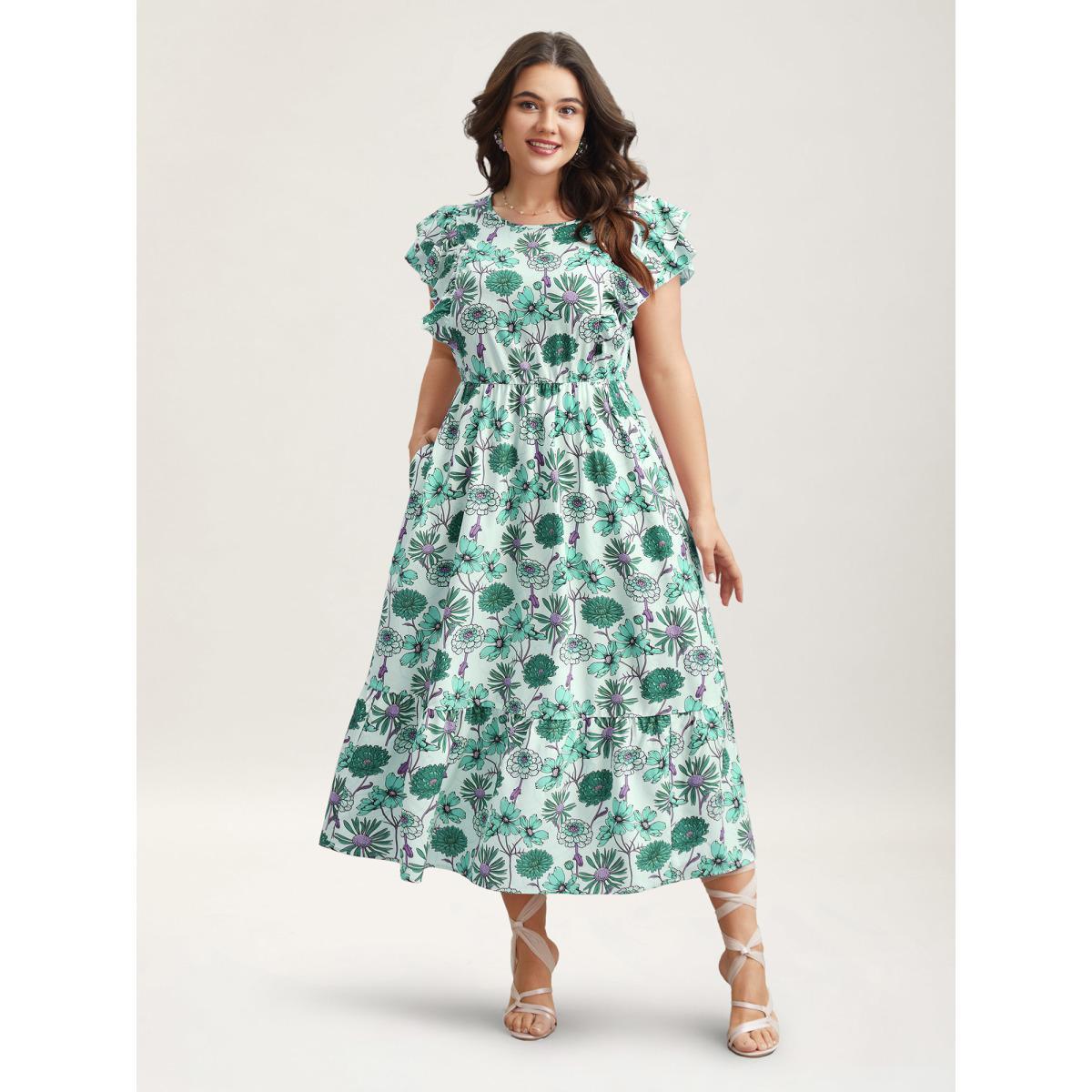 Plus Size Ruffled Floral Print Stretchy-Waist Midi Dress Turquoise Women Elegant Ruffles Round Neck Cap Sleeve Curvy BloomChic 30/6X Product Image