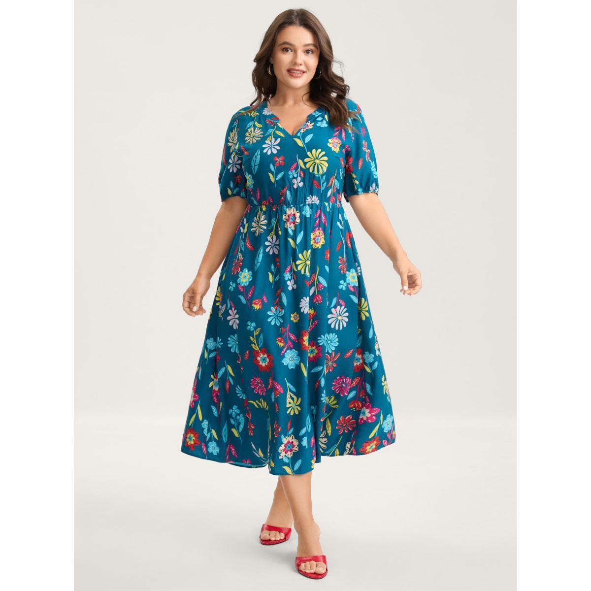 Plus Size Rayon Floral Print Midi Dress DarkBlue Women Notched collar Short sleeve Curvy BloomChic 10/M Product Image