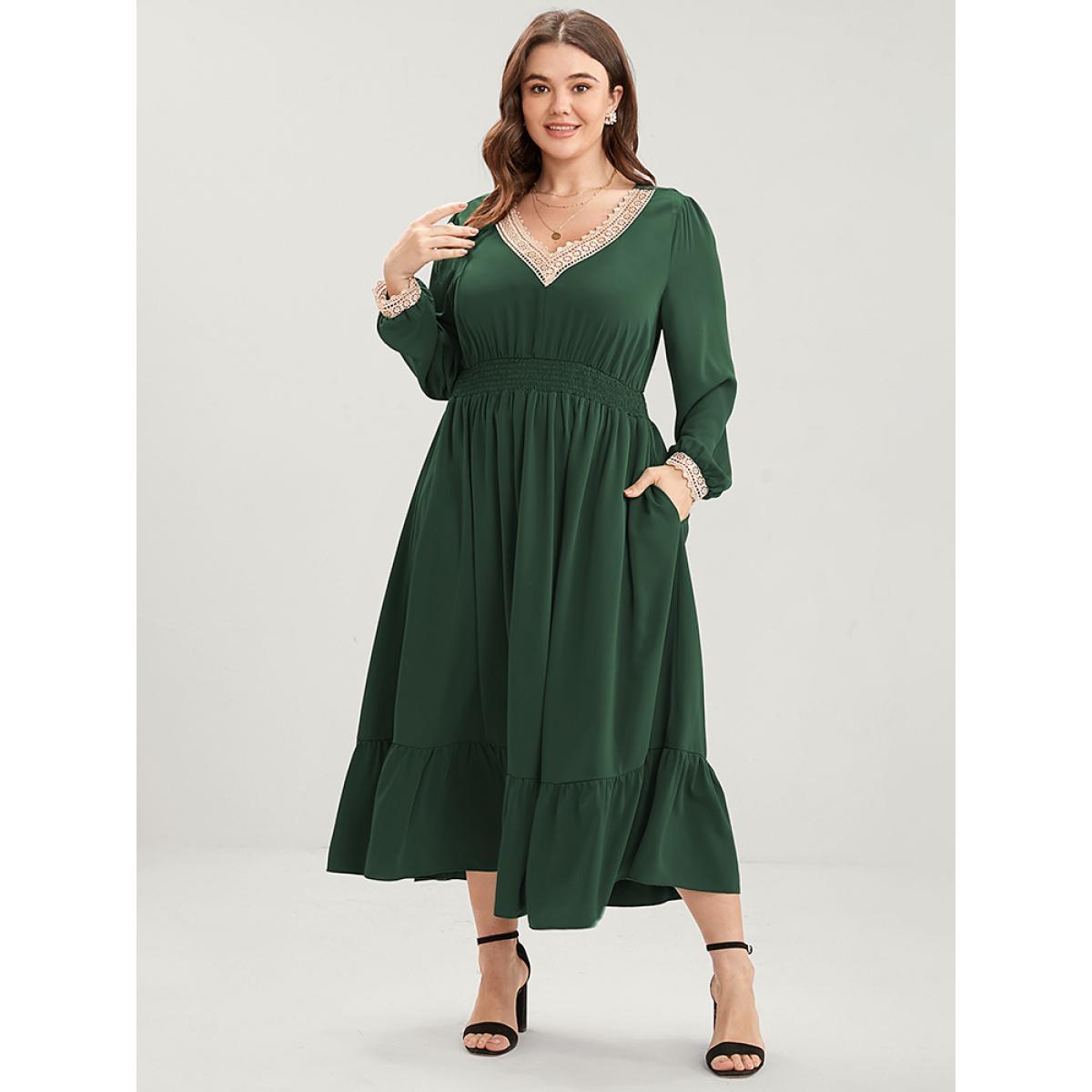 Plus Size Solid Lantern Sleeve Shirred Pocket Lace Trim Ruffle Hem Dress Green Women Elegant Patchwork V-neck Long Sleeve Curvy Midi Dress BloomChic 14-16/1X Product Image