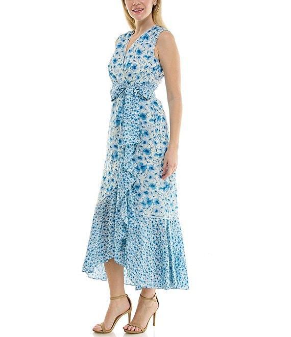 Moda Tara Sleeveless V-Neck Floral Print Wrap Dress Product Image