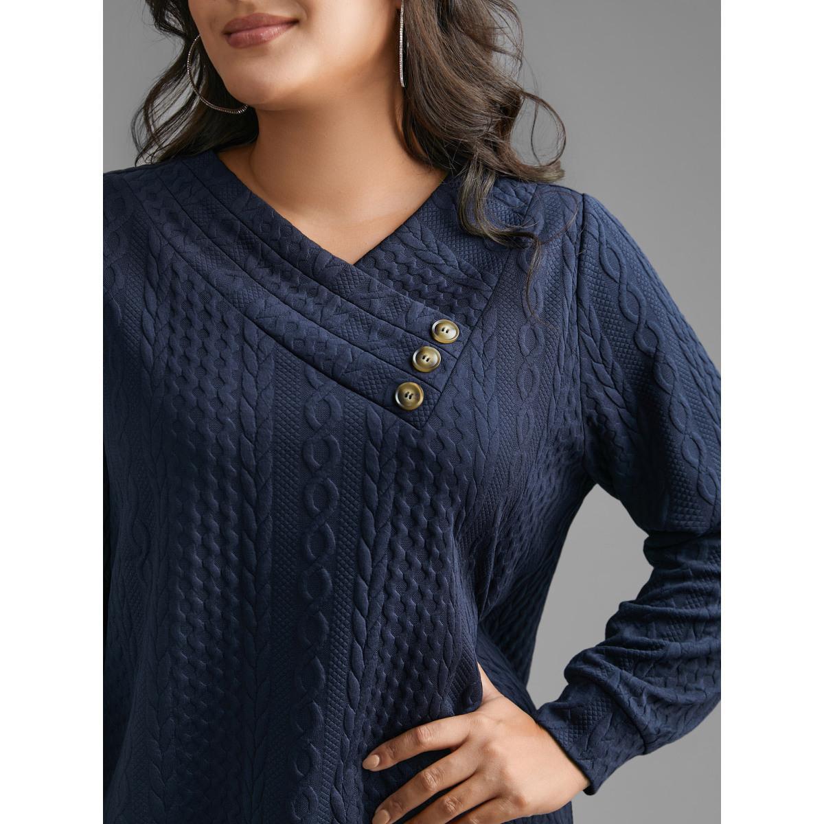 Plus Size Overlap Collar Textured Button Detail Sweatshirt Women Indigo Casual Texture Overlap Collar Everyday Sweatshirts BloomChic 14-16/1X Product Image
