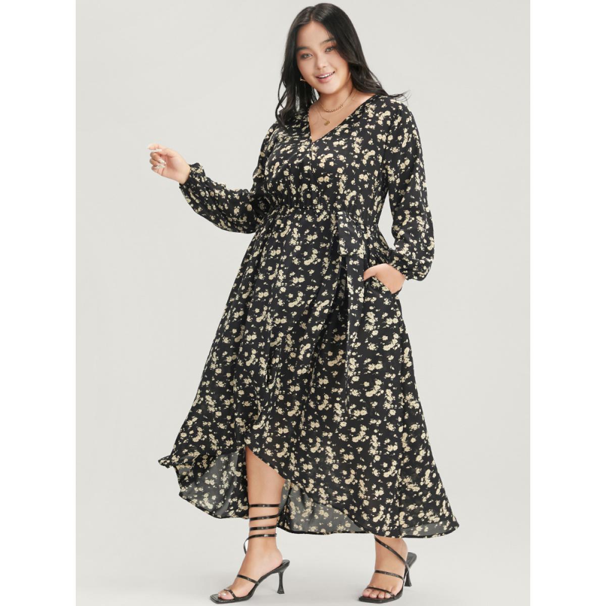 Plus Size Floral Wrap Lantern Sleeve Pocket Asymmetrical Hem Dress Black Women Elegant Cross straps V-neck Long Sleeve Curvy Long Dress BloomChic 22-24/3X Product Image