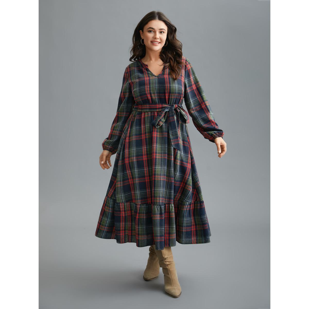 Plus Size Festive Notched Collar Plaid Dress Navy Women Elegant Belted Flat collar with V-notch Long Sleeve Curvy BloomChic 14-16/1X Product Image