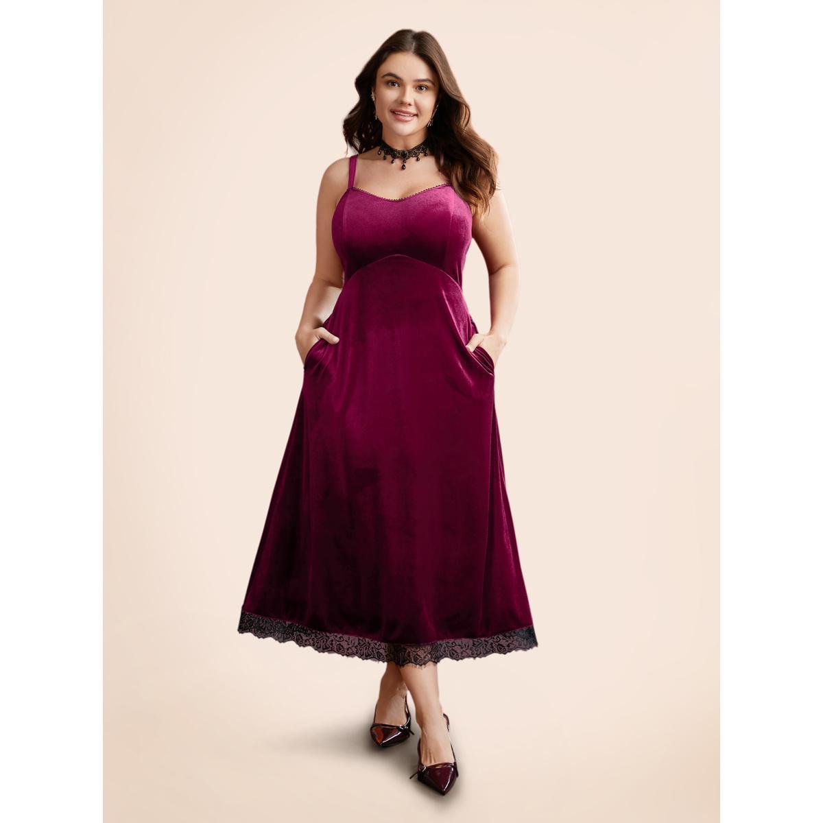 Plus Size Cami Velvet Fitted Waist Maxi Dress Burgundy Women Cocktail Woven ribbon&lace trim Party Curvy Bloomchic 10/M Product Image