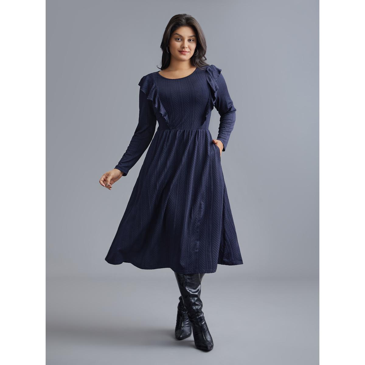 Plus Size Plain Crew Neck Ruffle Trim Plisse Dress Midnight Women Casual Texture Knit Dresses Bloomchic 22-24/3X Product Image