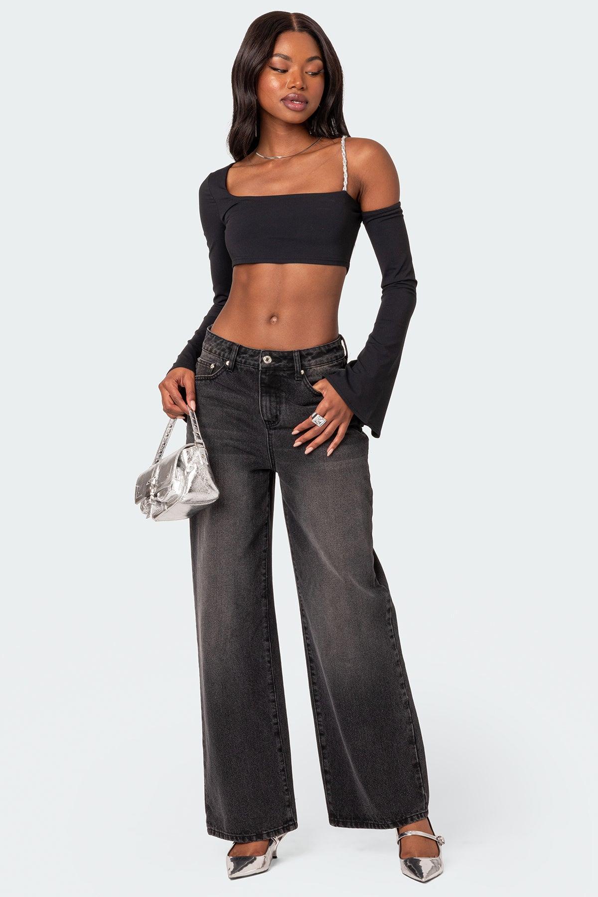 Rhinestone Strap Asymmetric Crop Top Product Image