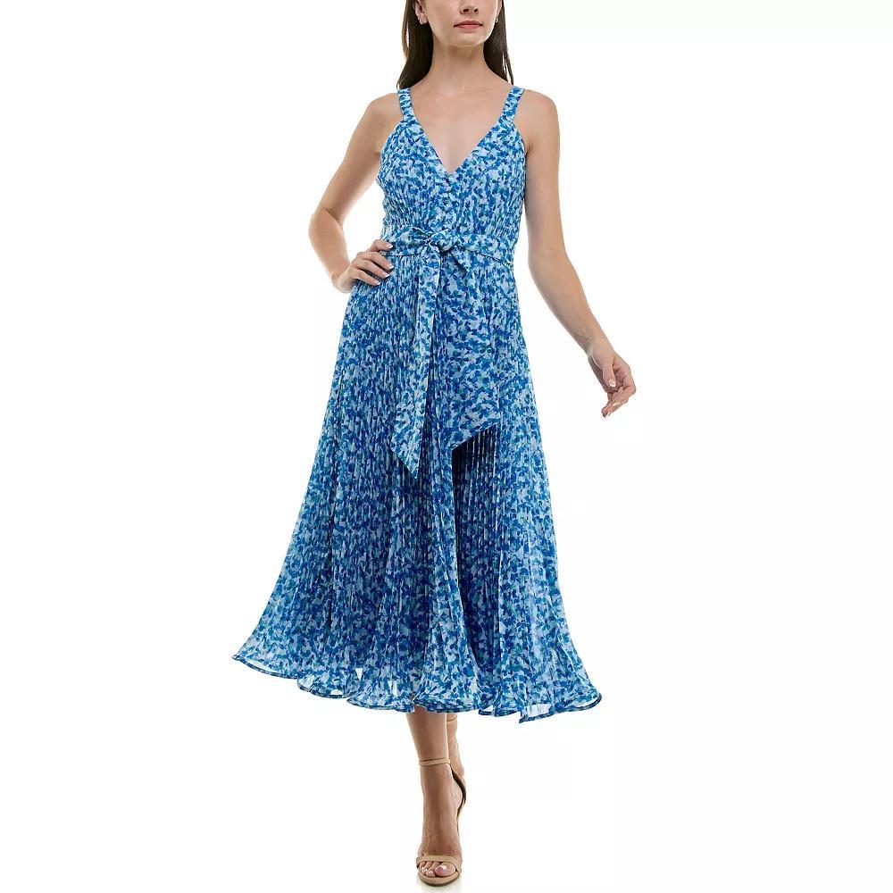 Women's Taylor Sleeveless Pleated V-Neck Fit & Flare Midi Dress, Size: 4, Blue Floral Product Image