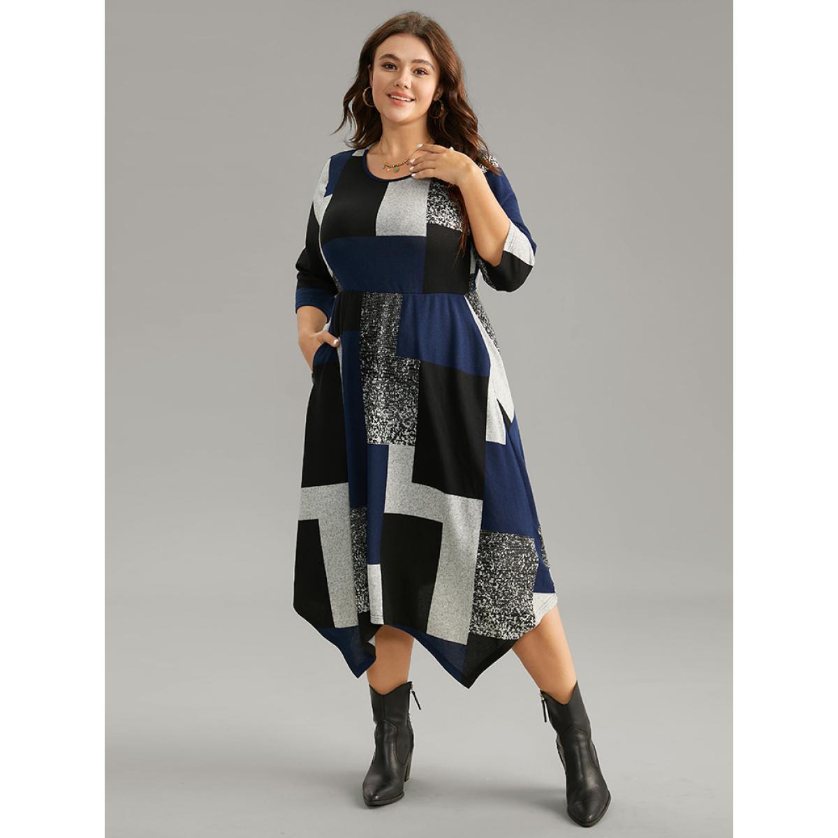 Plus Size Colorblock Contrast Round Neck Elastic Waist Dress Multicolor Women Casual Printed Round Neck Elbow-length sleeve Curvy Midi Dress BloomChic 26/4X Product Image