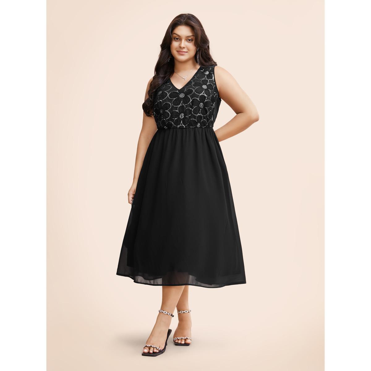Plus Size V Neck Sequin Floral Patchwork Dress Black Women Formal Texture V-neck Sleeveless Curvy BloomChic 10/M Product Image