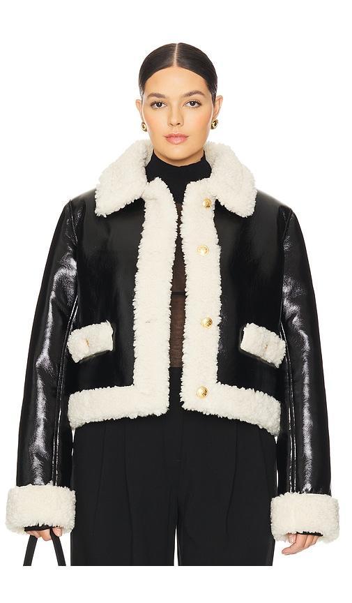 L'ACADEMIE By Marianna Corsica Faux Sherpa Jacket In É»‘è‰² & Ç±³é»„è‰² Product Image