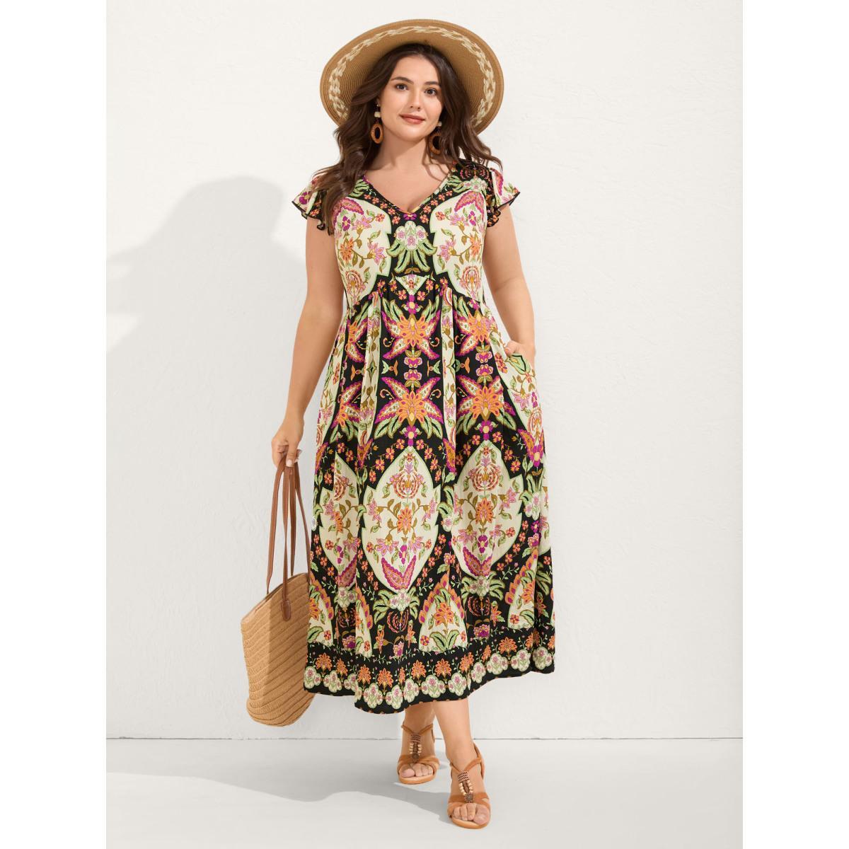 Plus Size Floral Print Ruffled Sleeve V-Neck Midi Dress Black Women V-neck Cap Sleeve Curvy BloomChic 28/5X Product Image