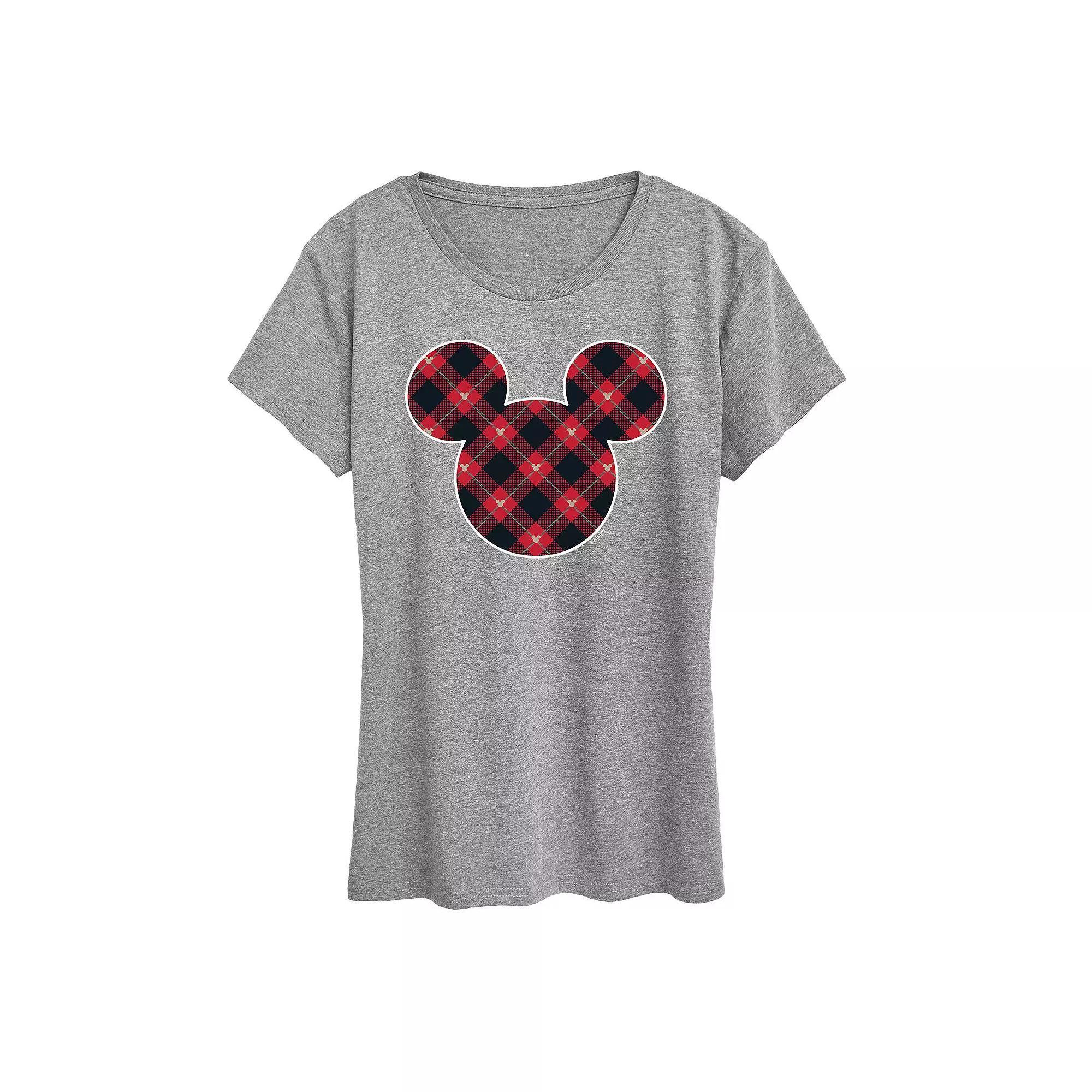 Disneys Mickey Mouse Womens Plaid Silhouette Graphic Tee, Girls Grey Blue Product Image