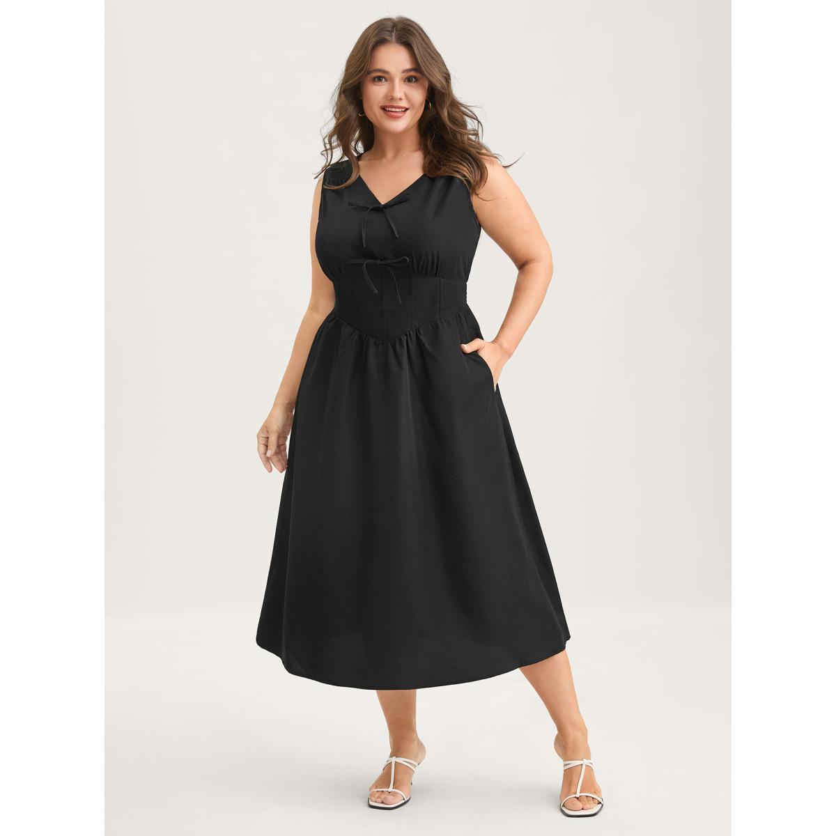 Plus Size Bow Tie Drop Waist Shirred Midi Dress Black Women Tie knot V-neck Sleeveless Curvy BloomChic 10/M Product Image