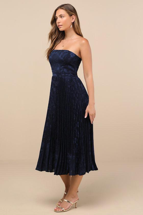 Perfectly Stunning Navy Jacquard Strapless Midi Dress Product Image