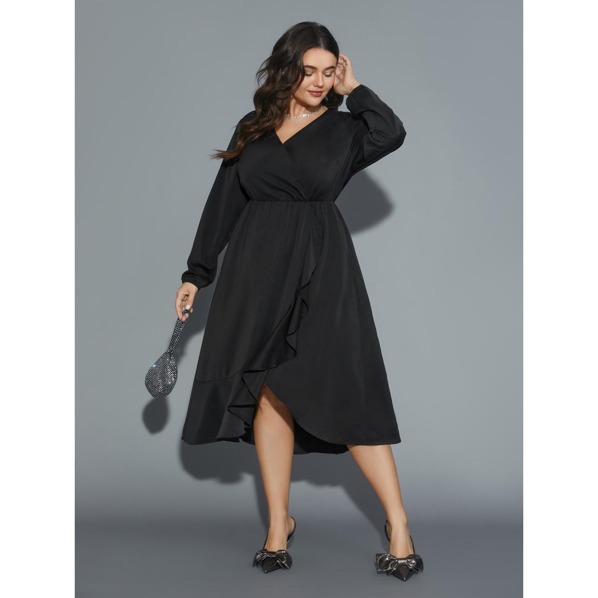 Plus Size Plain Overlap Collar Ruffle Trim Dress Black Women Elegant Overlapping Overlap Collar Long Sleeve Curvy BloomChic 22-24/3X Product Image