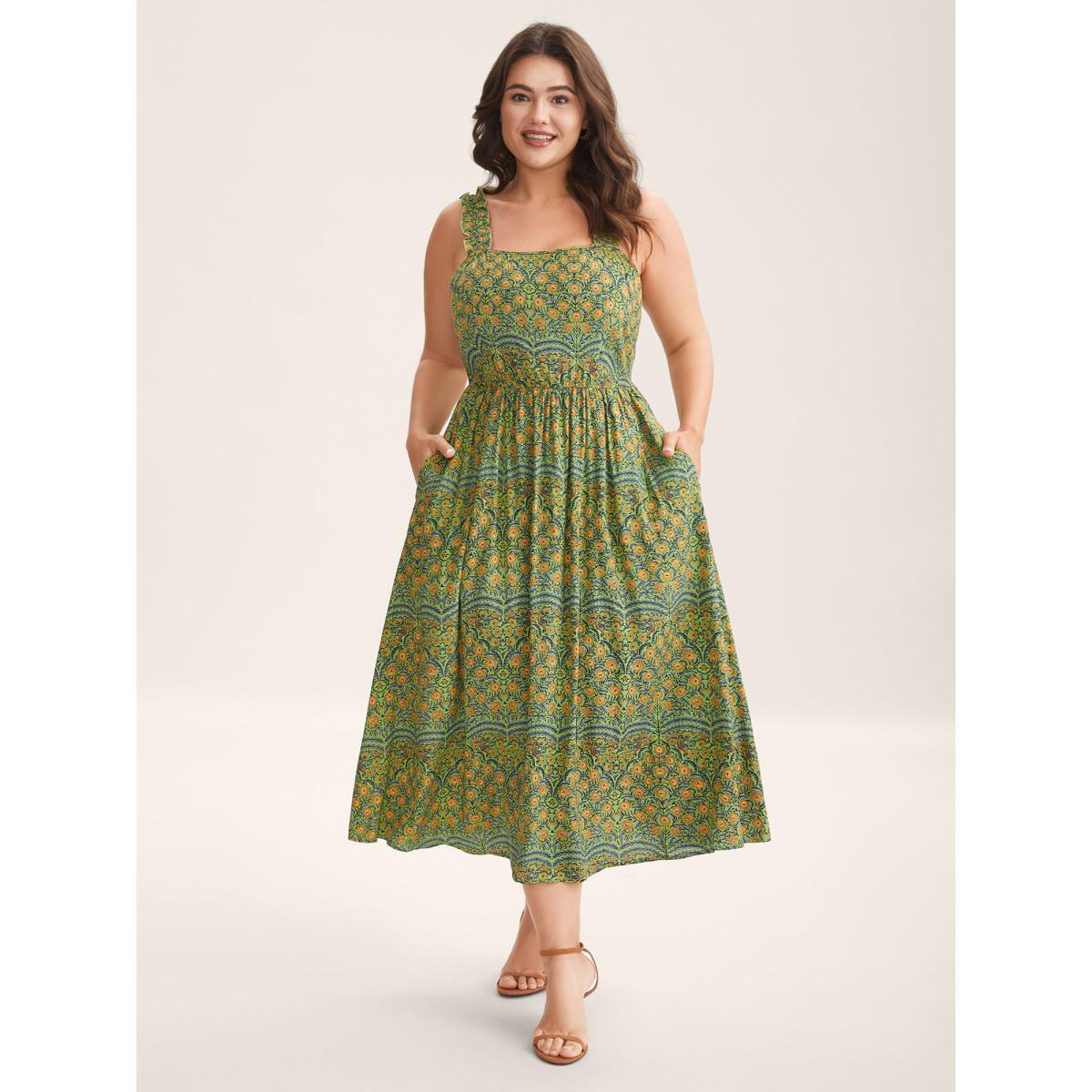 Plus Size Rayon Floral Print High Waisted Midi Dress Olive Women Square Neck Sleeveless Curvy BloomChic 30/6X Product Image