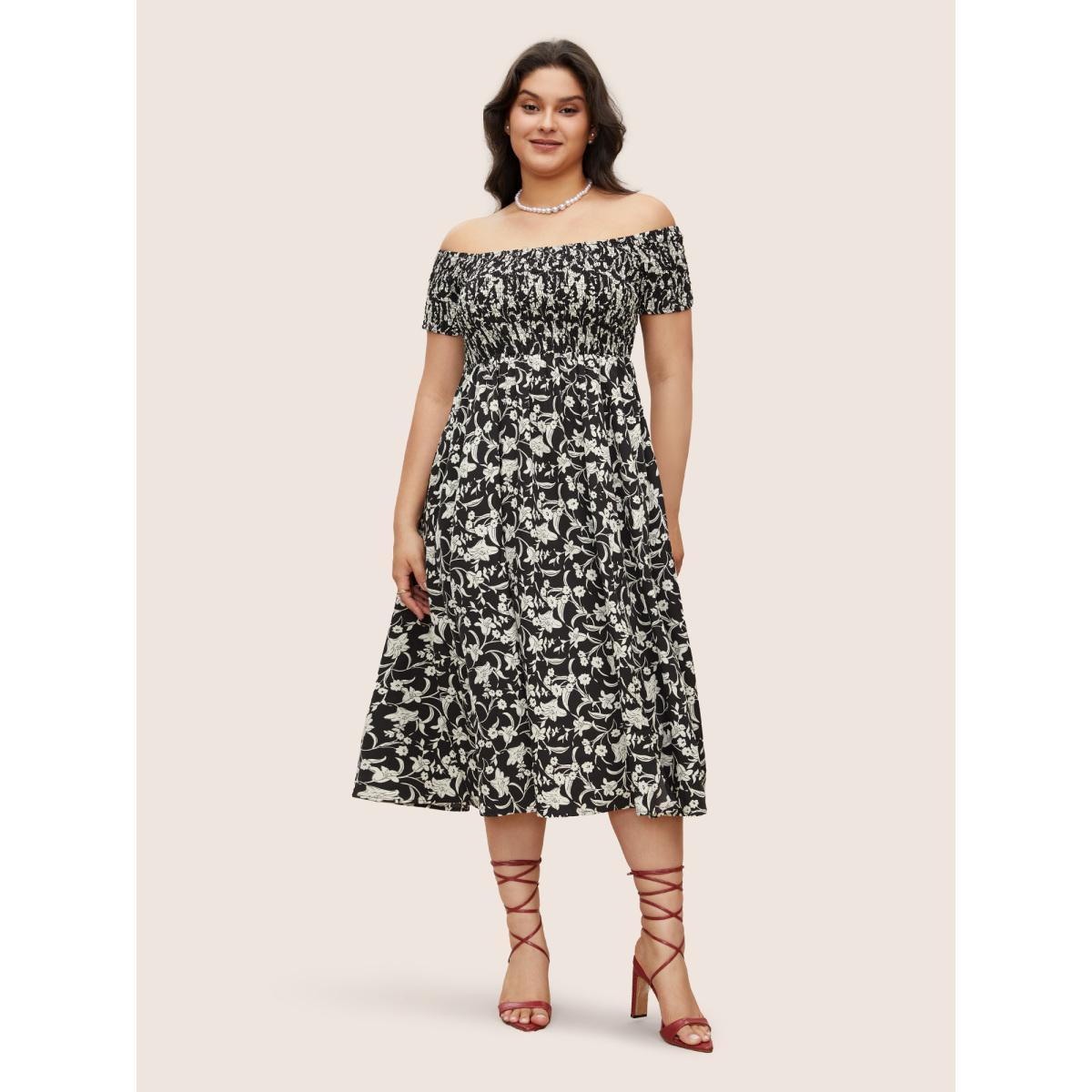 Plus Size One Shoulder Neck Floral Shirred Slit Hem Dress BlackFlower Women Elegant Slit One-shoulder neck Short sleeve Curvy Midi Dress BloomChic 30/6X Product Image