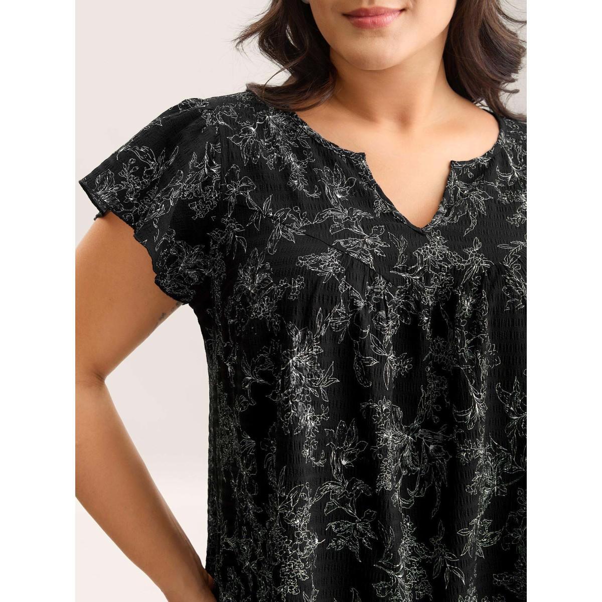 Plus Size Black Silhouette Floral Print Flutter Sleeve Blouse Women Cap Sleeve Notched collar Everyday-Elegant Blouses BloomChic 14-16/1X Product Image
