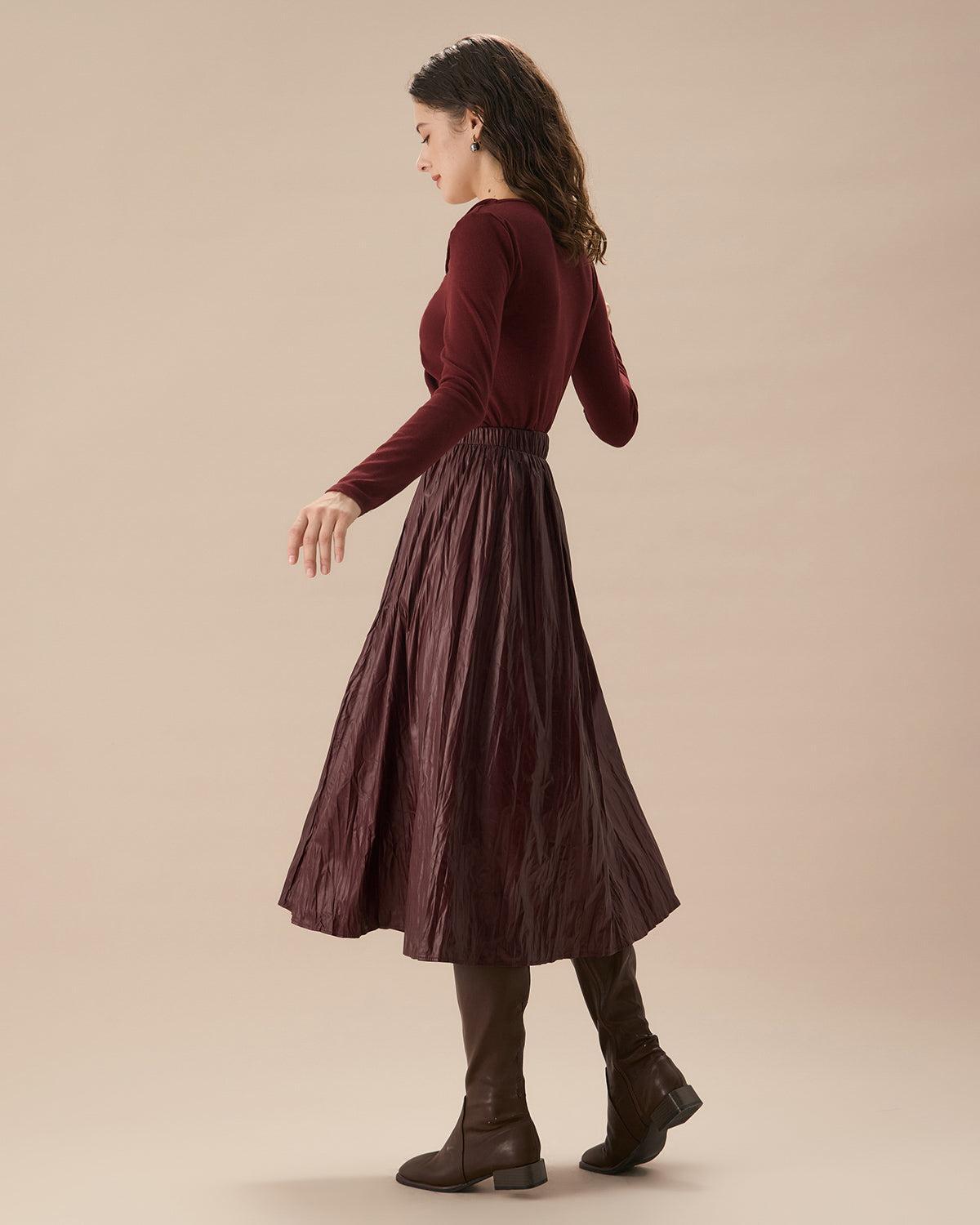 Wine Red Elastic Waist Ruched Midi Skirt Product Image