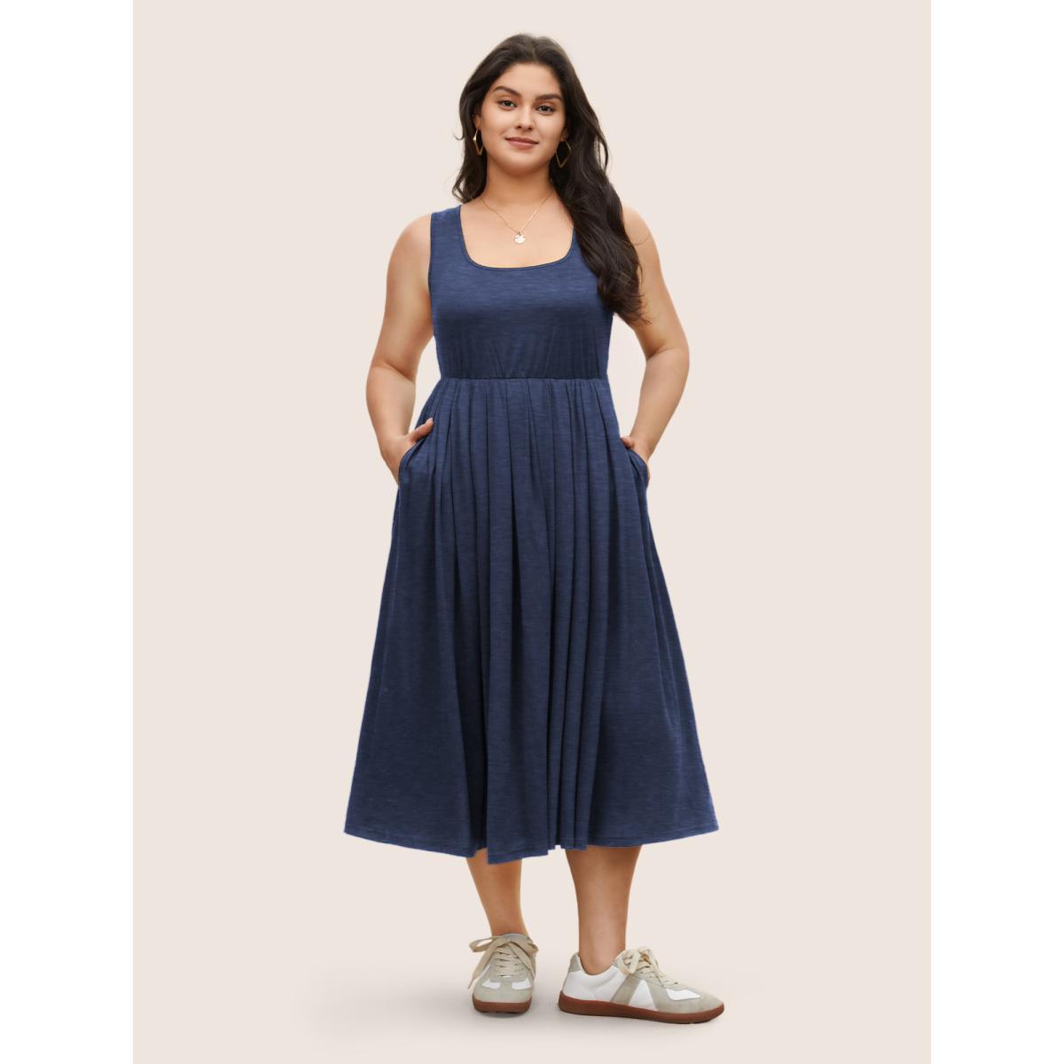 Plus Size Supersoft Essentials Solid Gathered Tank Dress Black Women Basics Non U-neck Sleeveless Curvy Midi Dress BloomChic 26/4X Product Image