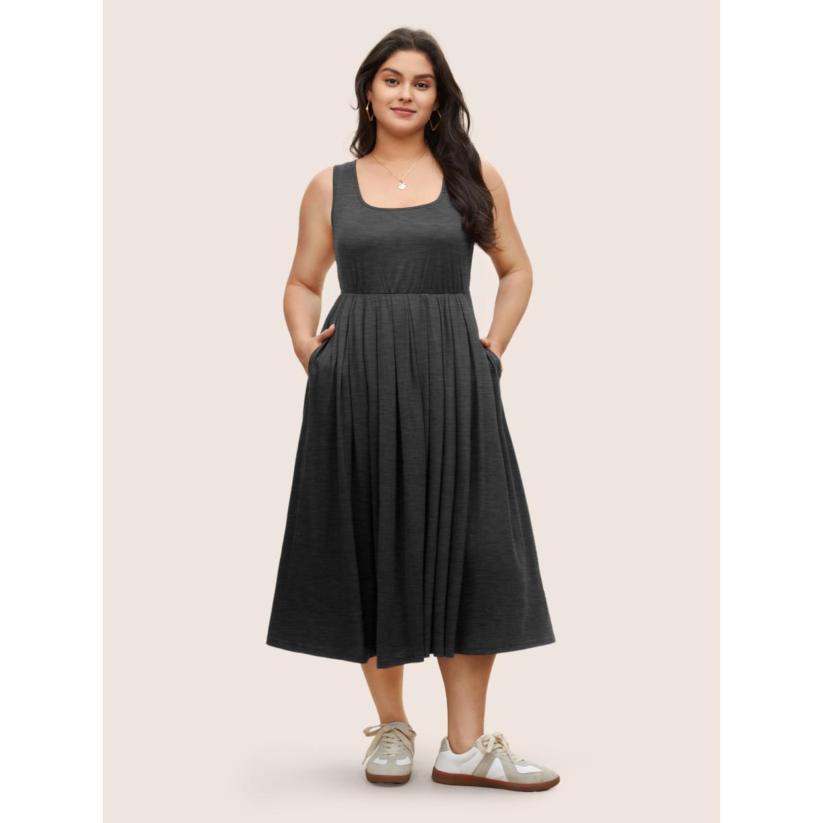Plus Size Supersoft Essentials Solid Gathered Tank Dress Mediumgray Women Basics Non U-neck Sleeveless Curvy Midi Dress BloomChic 30/6X Product Image