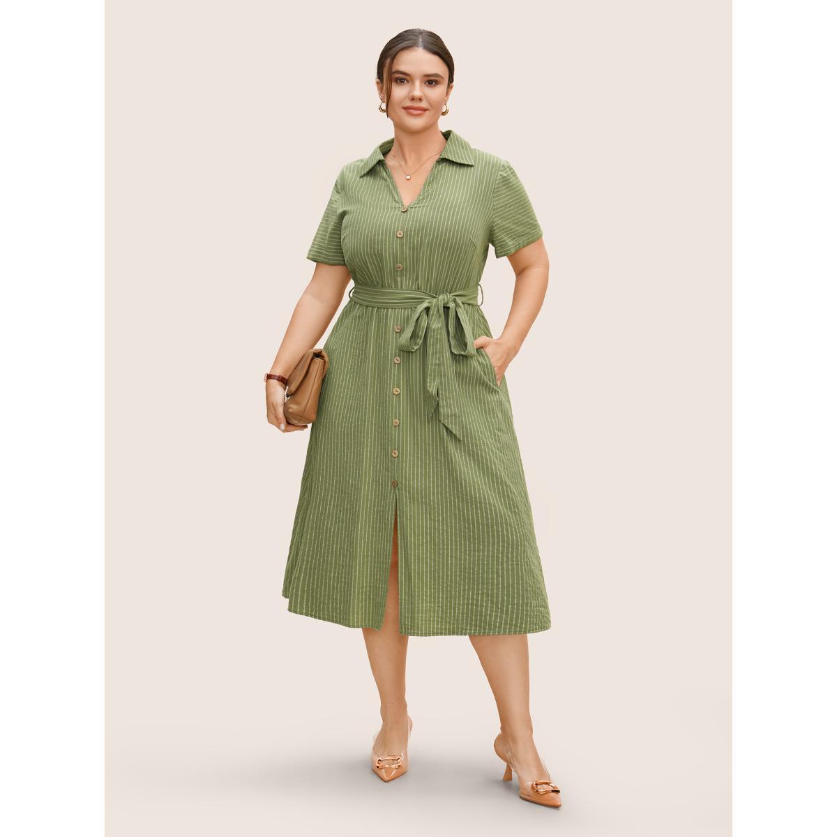 Plus Size Striped Button Detail Belted Midi Dress Sage Women At the Office Belted Shirt collar Sleeveless Curvy BloomChic 22-24/3X Product Image