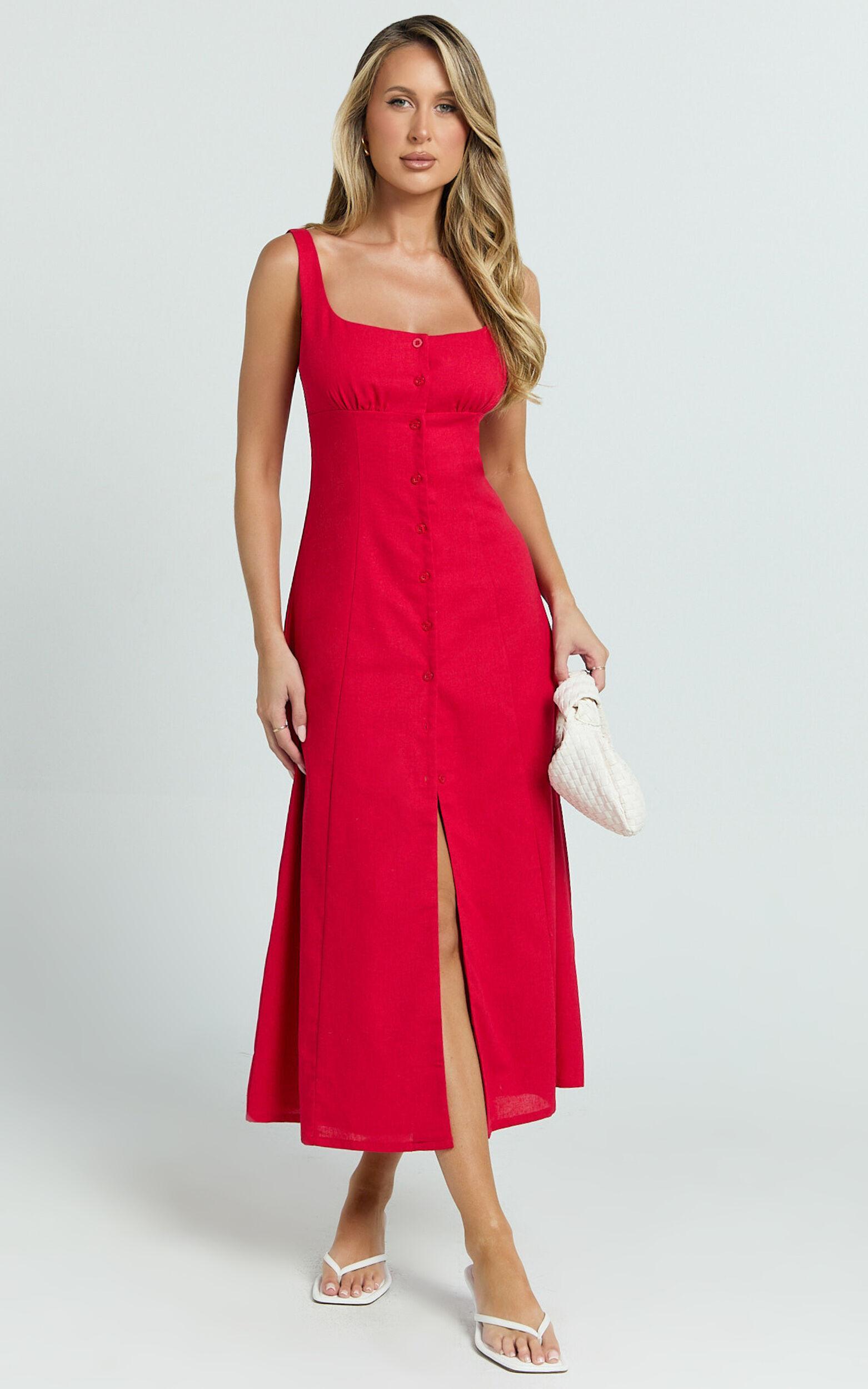Cameron Midi Dress - Button Front Tie Back Dress in Red Product Image