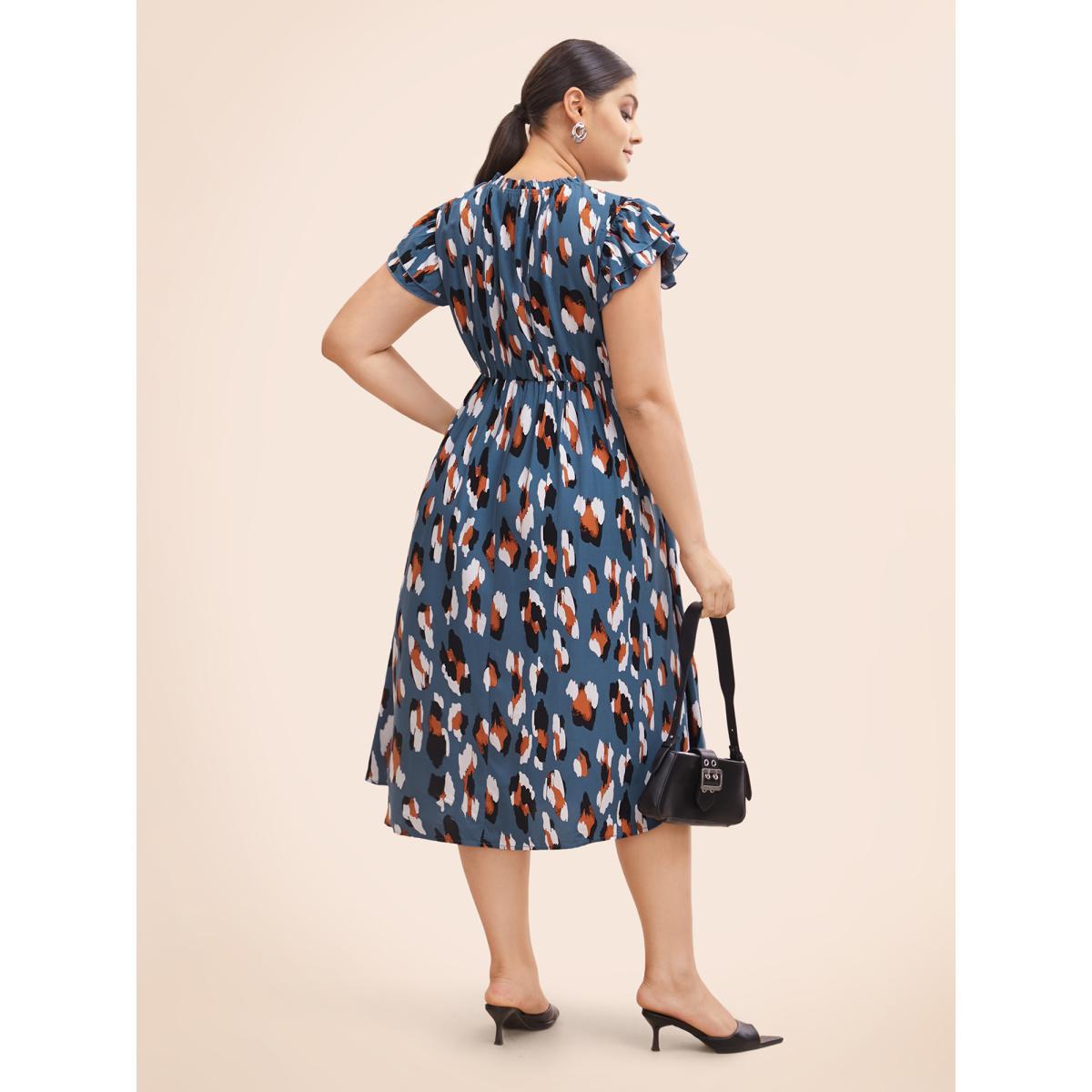Plus Size Allover Print Frill Trim Flutter Sleeve Dress Aegean Women Office Gathered Mock Neck Sleeveless Curvy Midi Dress BloomChic 10/M Product Image